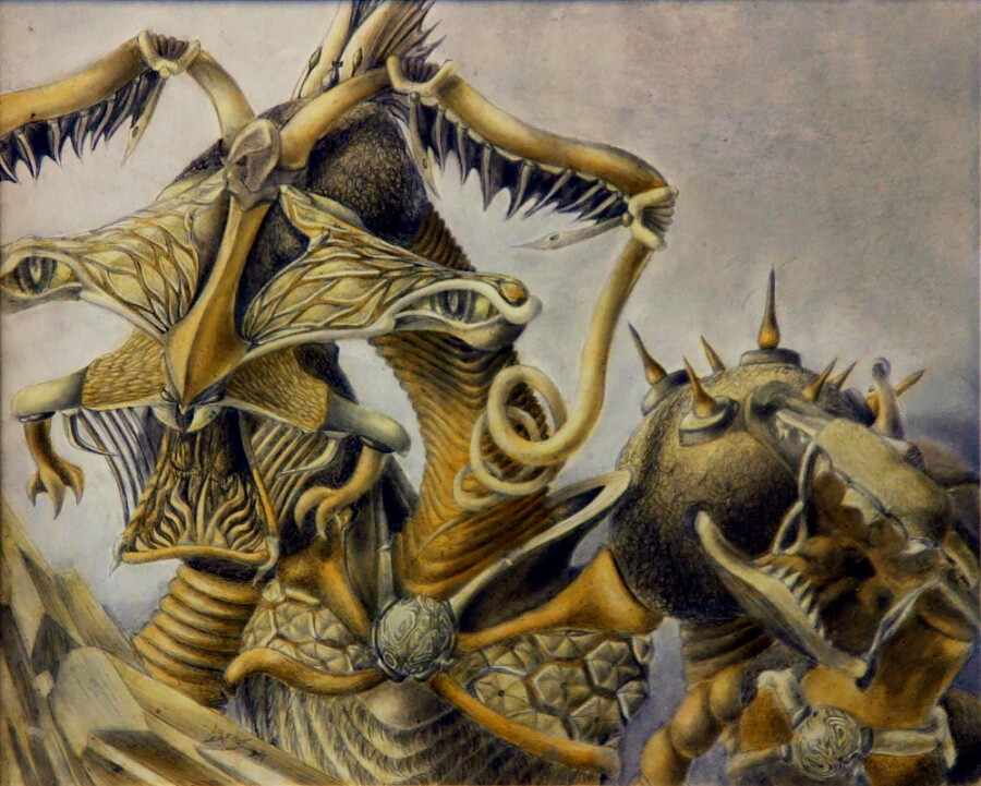 (Age 14) - "Pnaebius Polyextrapolai"
A mother "bone dragon" and her baby.  11" x 14" graphite on clayboard, with oil paint tint.