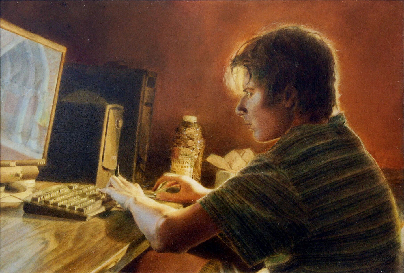 (Age 17) - "The Escape"
An oil on board portrait of my brother playing video games.
I was interested in the painting techniques of the old Flemish masters, but of modern subjects.