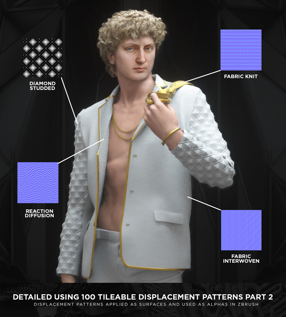 David's suit was detailed using some tileable displacement patterns that i created. 100 Tileable Displacement Patterns Available Via These Links
Gumroad: https://gum.co/ZsdTY
Artstation: https://artstn.co/m/j2Gg