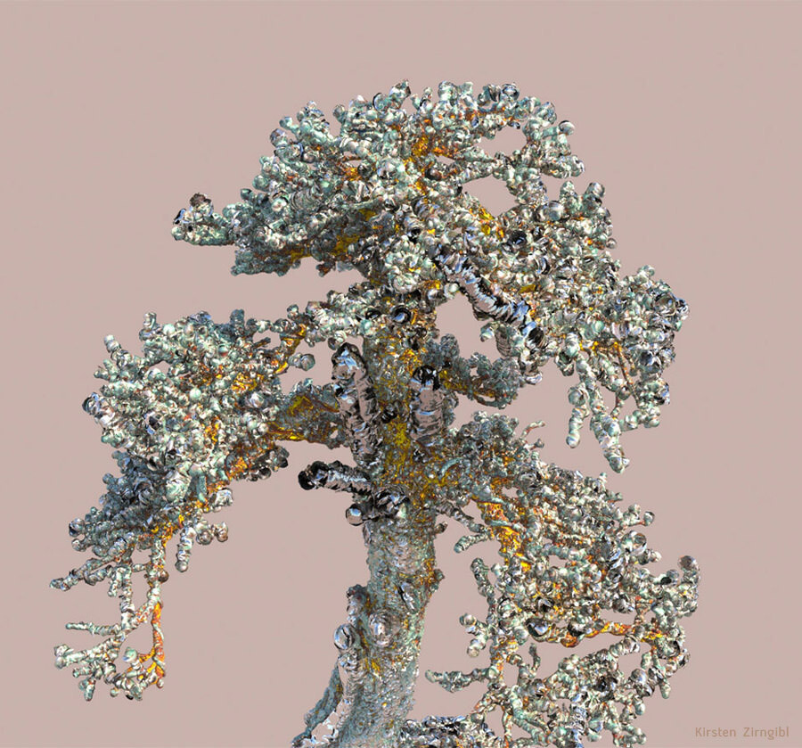 Growing "crystal trees" using displacement in V-Ray.