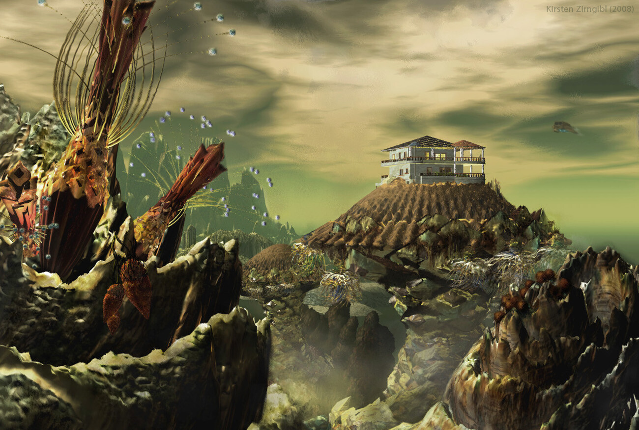 "Prime Real Estate" (2008)
My first 3D illustration.  I used Bryce for the landscape and Xfrog to generate the foreground plants, and Corel Painter for post work. 