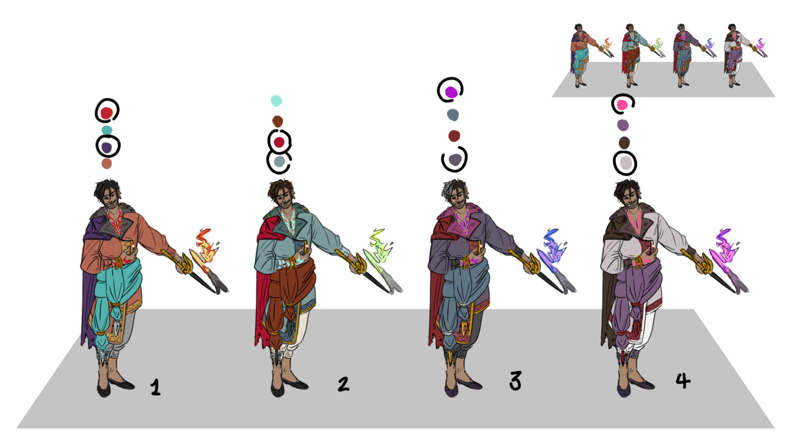 Took the sketch from earlier and tested on a bunch of palettes, then chopped it down to these four. I wanted to give him warm colors to give him a daring impression, and the purple also fit that elegant aspect so I chose palette 3 in the end.