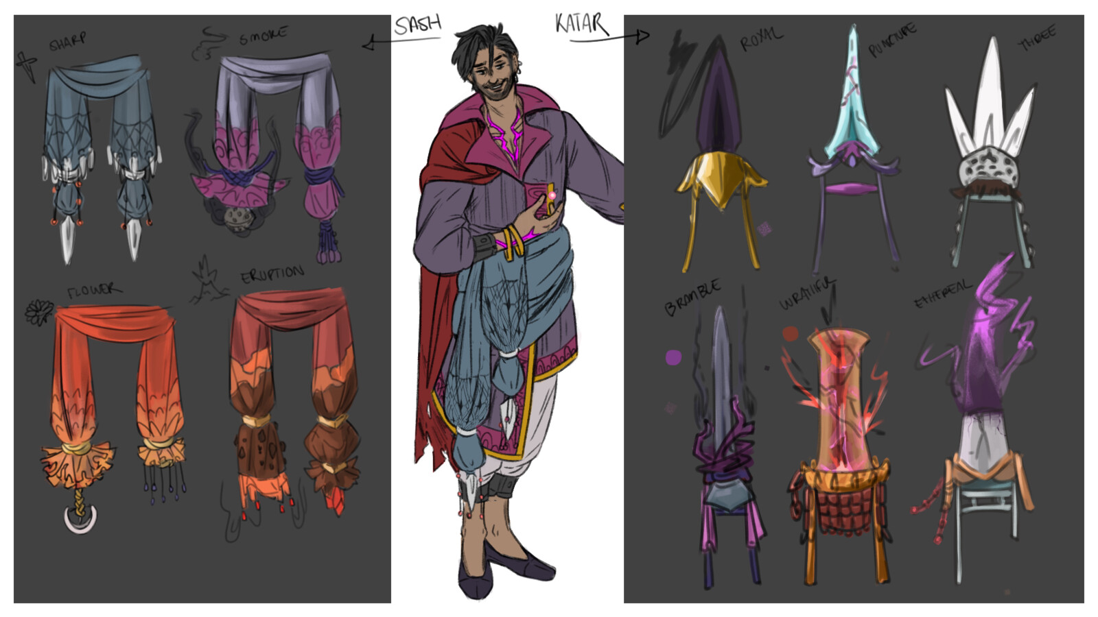 The two main distinguishing aspects of his design I wanted to be his weapons and fighting style, so I iterated on different designs for the katar and the sash based on some keywords I thought might fit his style.