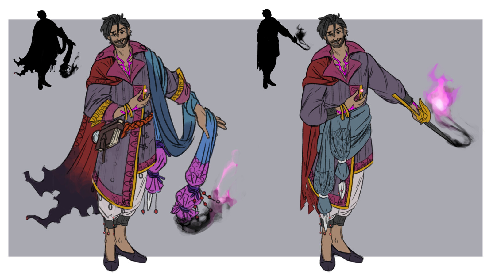 I was unsatisfied with the silhouette of the previous design so I decided to replace the katar for a more unique weapon with more silhouette and expand the cape a bit to give him more presence. I also gave him a spellbook belt to occupy the waist area.