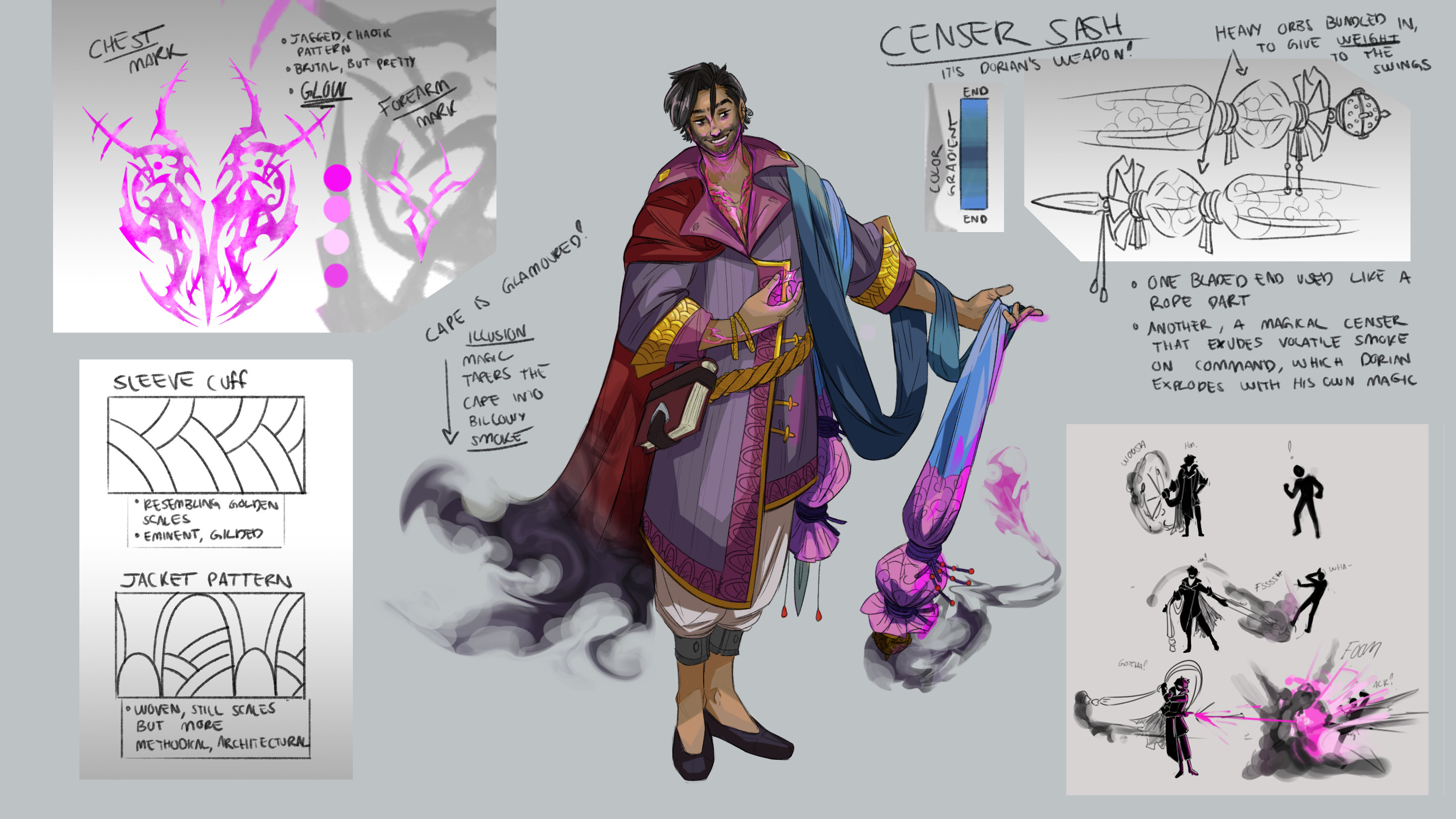 Shaded Dorian with callouts!
Calling attention to the large glowing marks on his body, the patterns on his clothes, his weapons, and his style!