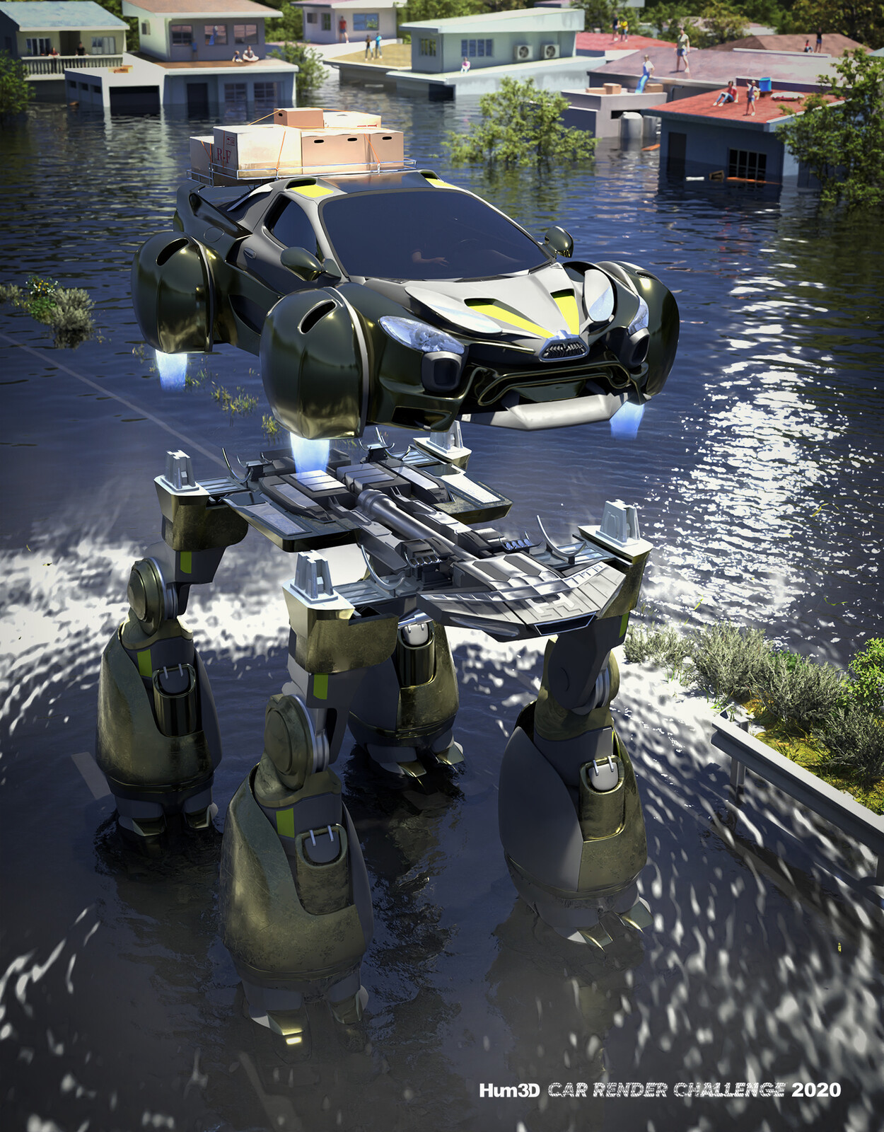 My finished entry for the Hum3D Car Render Challenge 2020. Flying car and Mech robot are all original concepts and designs. Used MakeHuman for the people and blenderkit for the other assets.

https://hum3d.com/challenges/3rd-phase/