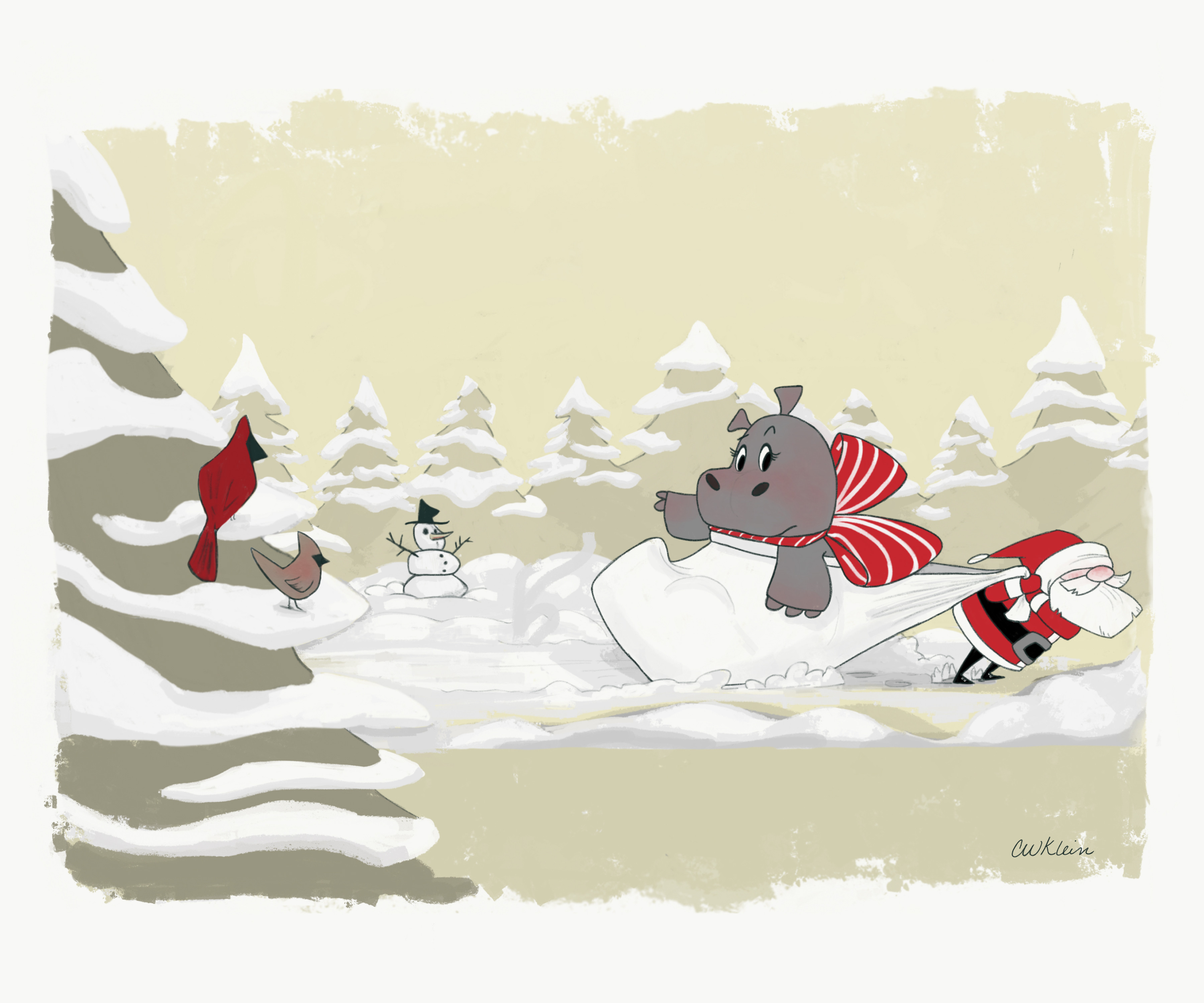 Santa delivering a hippo as wished.