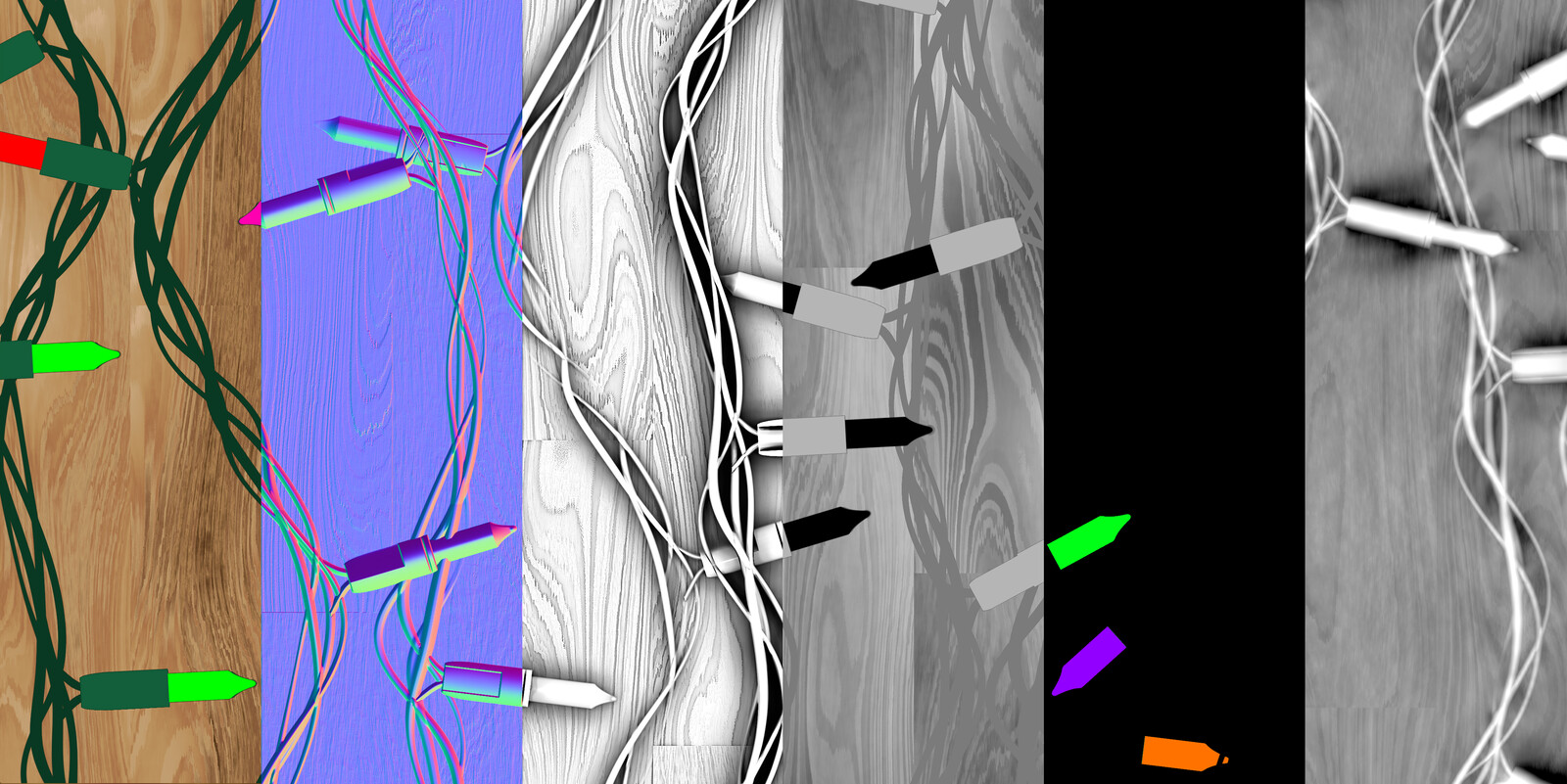 From left to right; Base Color, Normals, AO, Roughness, Emissive, Height
