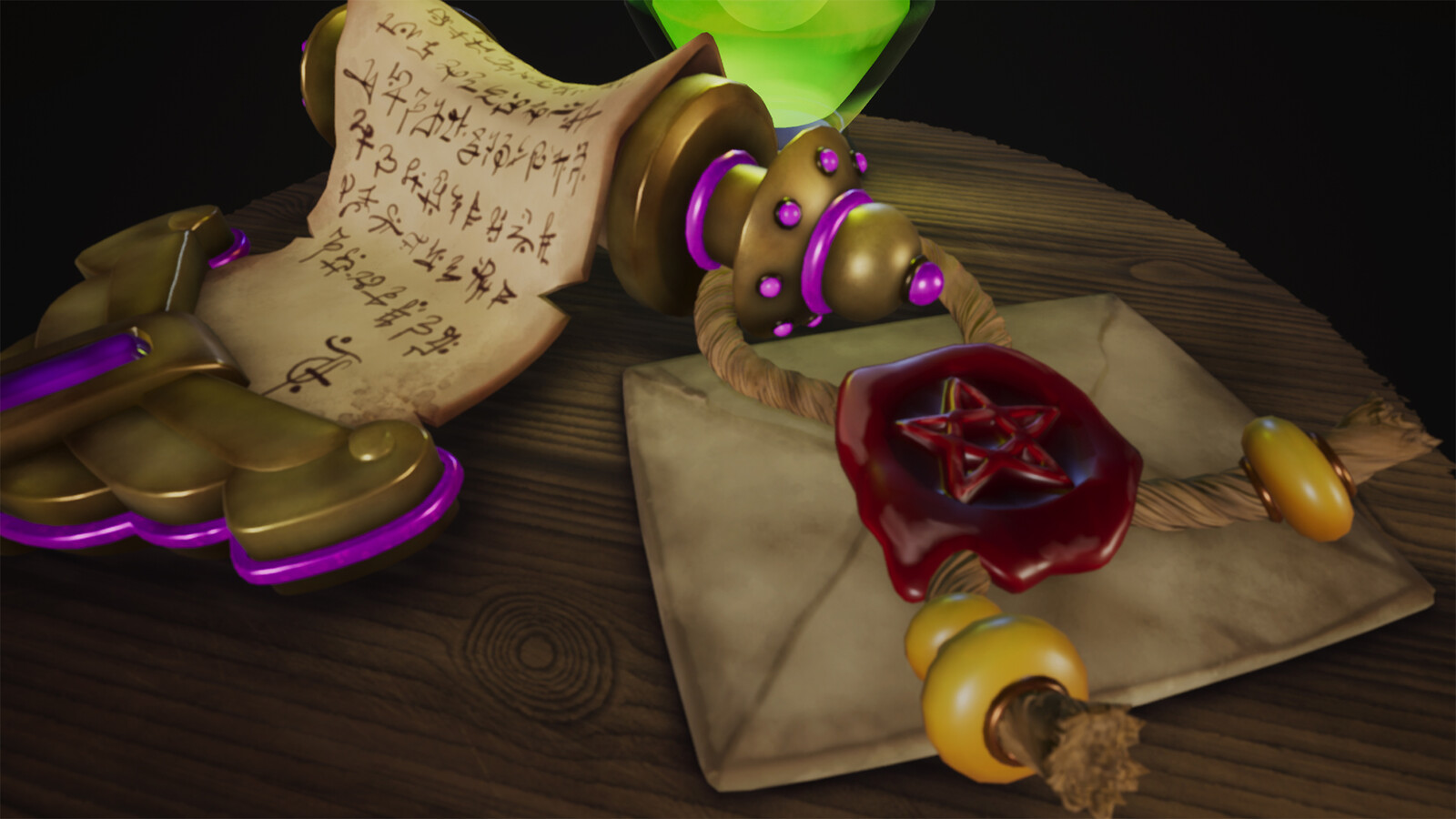 Closeup of scroll edge and envelope using a blend of PBR and handpainting to achieve the completed look.