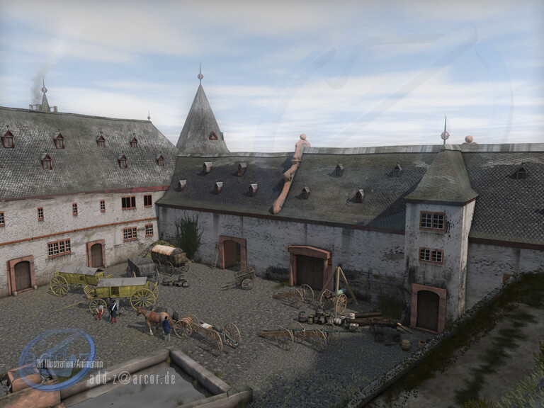 A barracks has been built to the north below the castle. On the right a building for wagons and weapons (cannons)
as well as ammunition, at the right angle the infantry barracks and at the apex in between the powder tower in
 front of it.