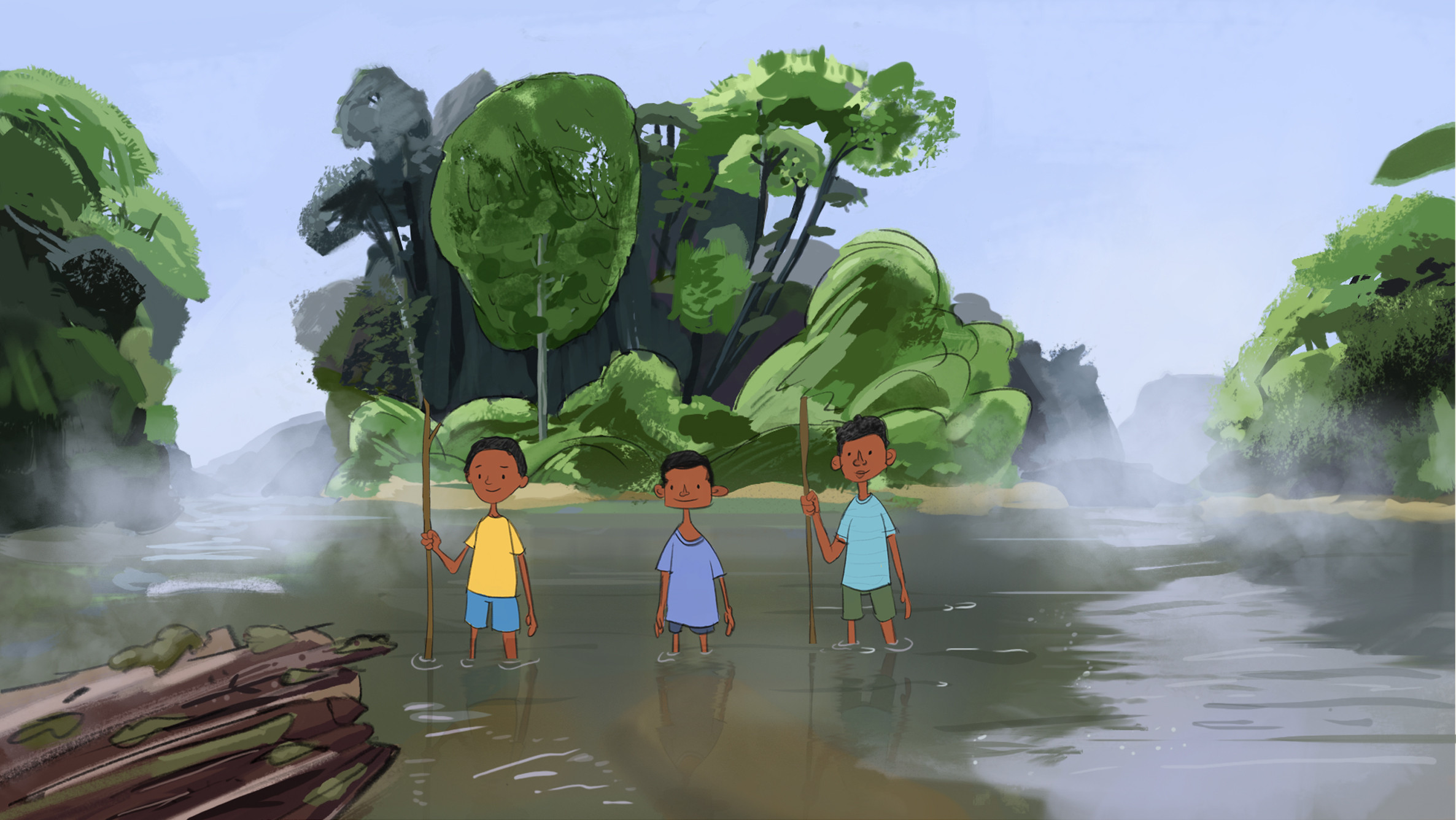 Our protagonists fishing - background and key frame illustration