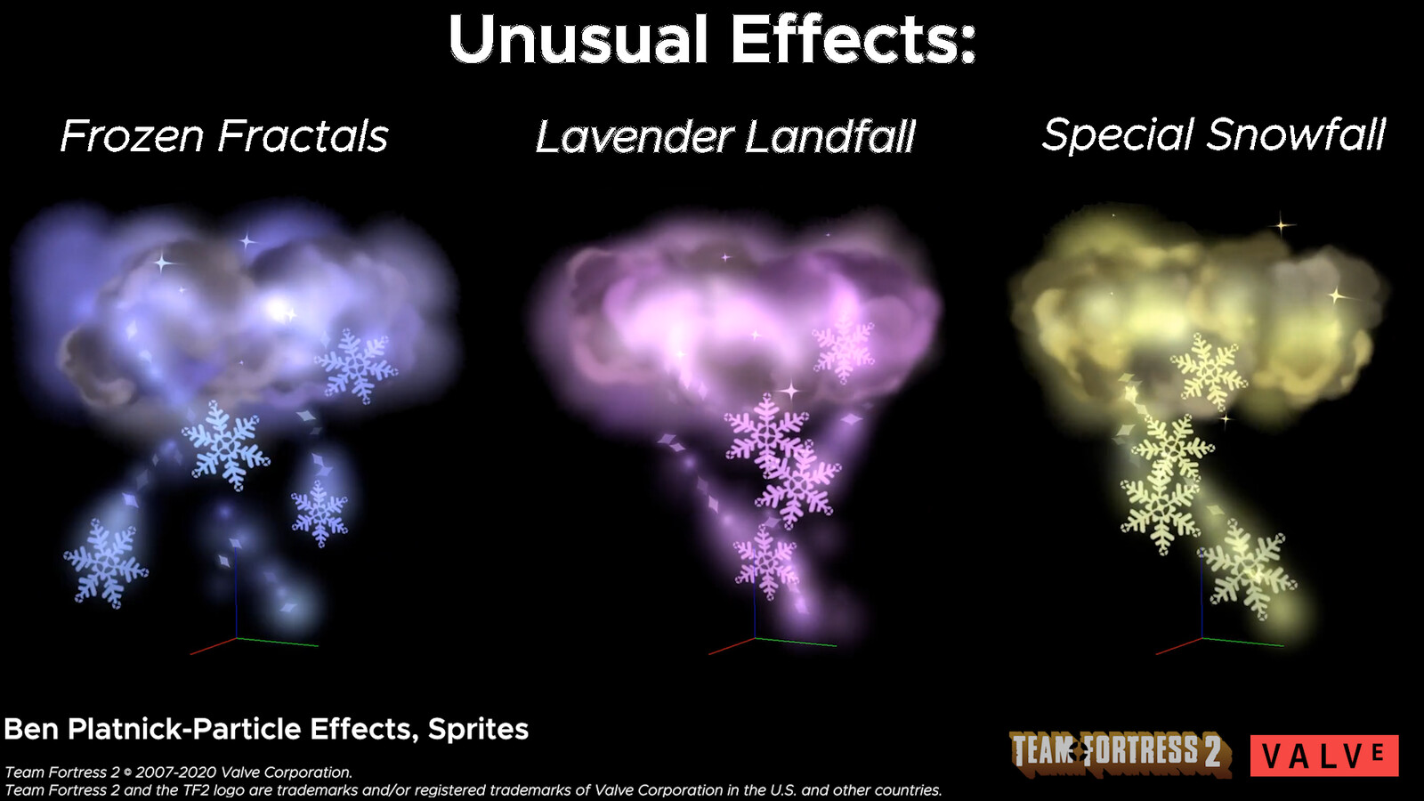All three effects were added with the "Smissmas 2020 Update" to Valve Software's "Team Fortress 2"