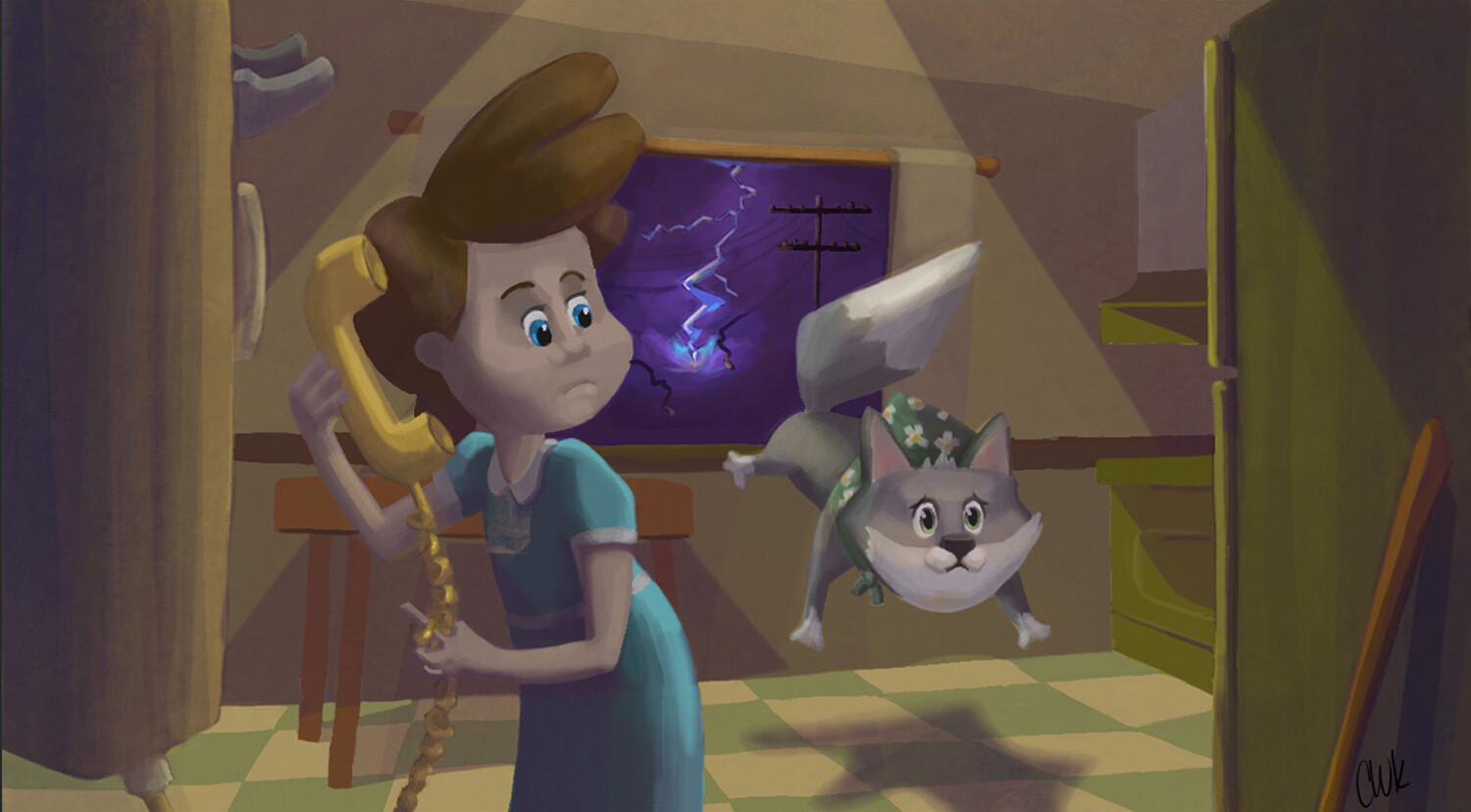 The lightning strike frightens Fable. Thea finds the phone line has gone dead.