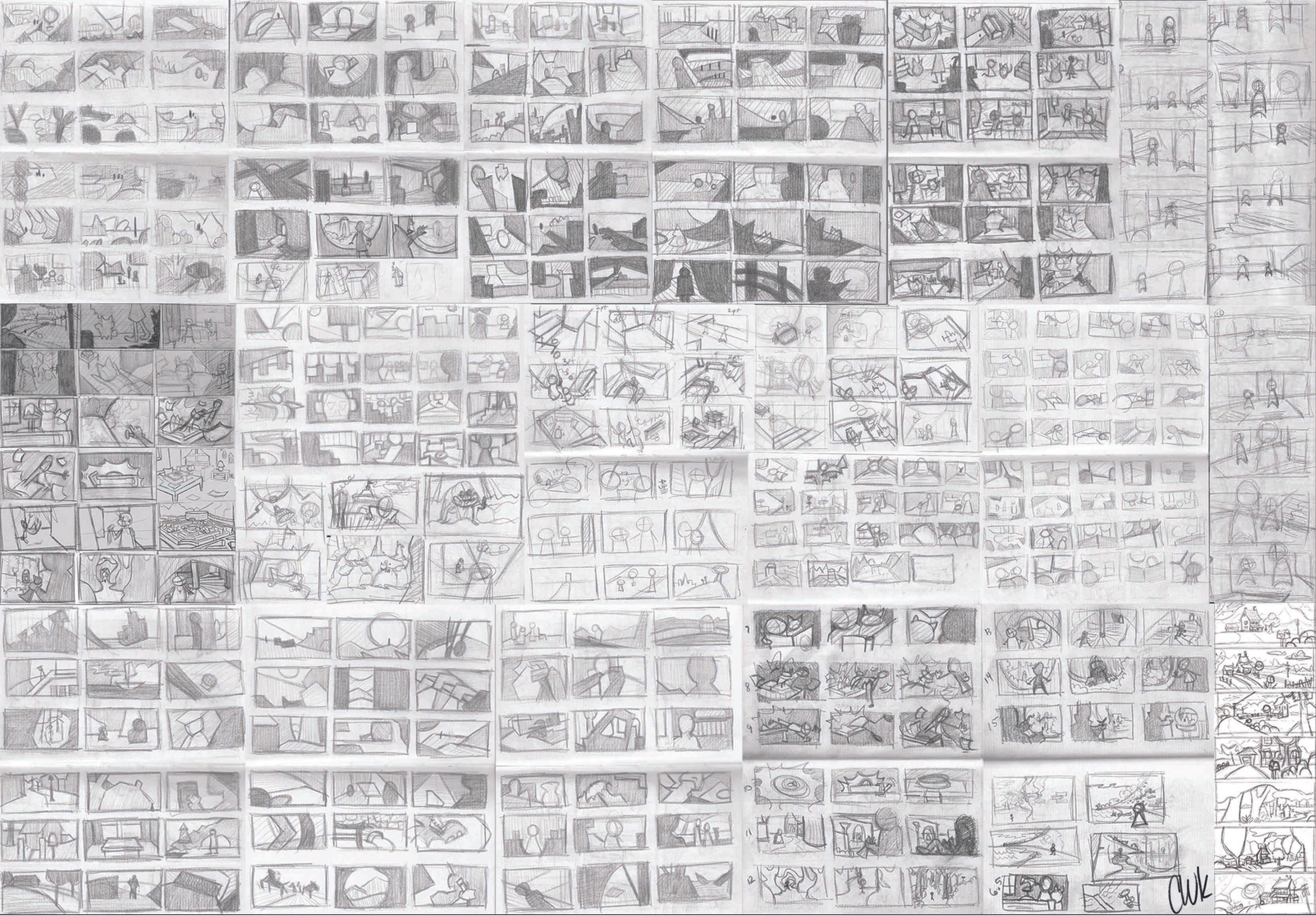 Step 1: Create small thumbnails to keep loose and block out ideas for interesting shots for the story beats.
