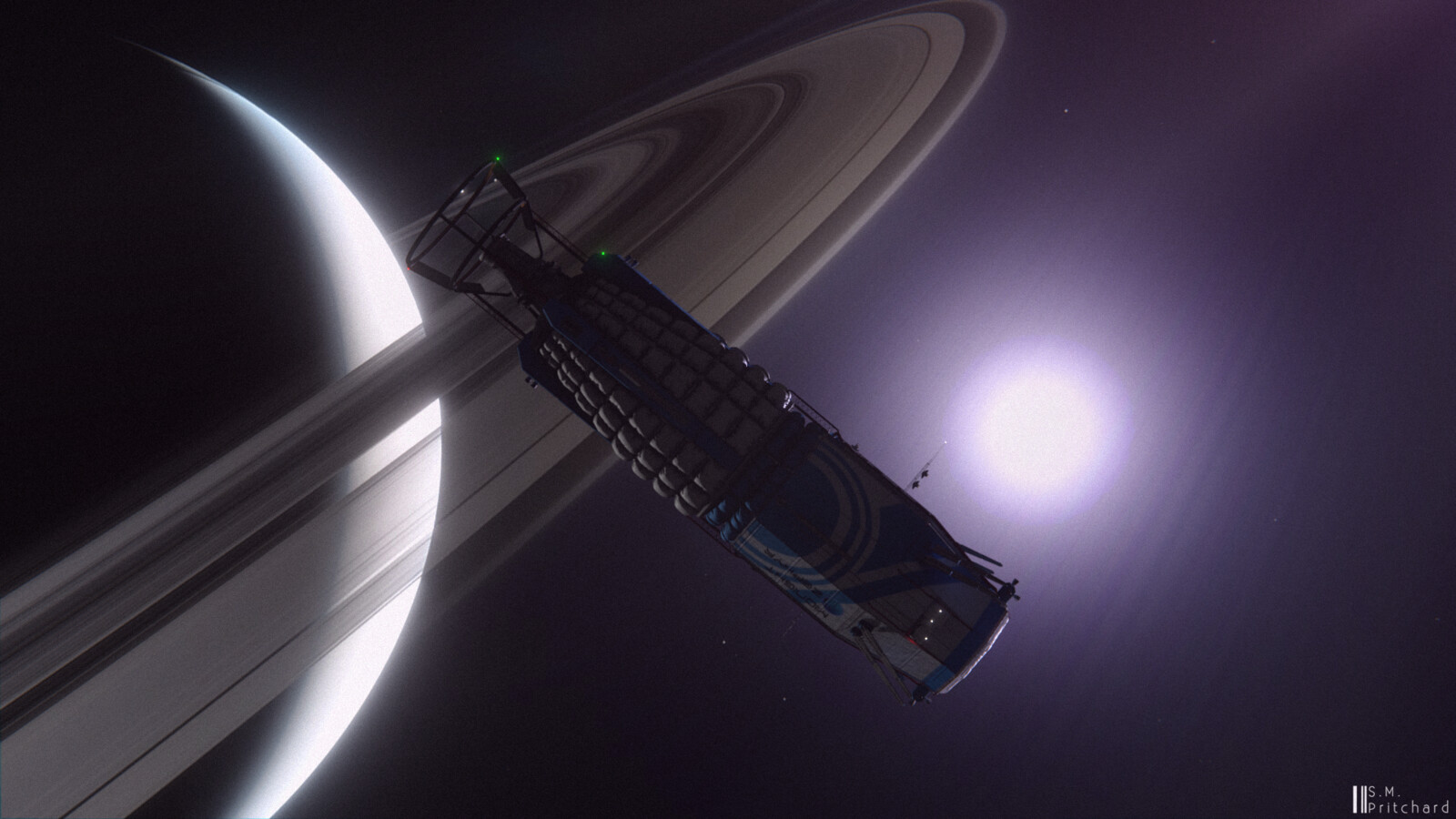Orbiting Saturn, just above the ring plane.
