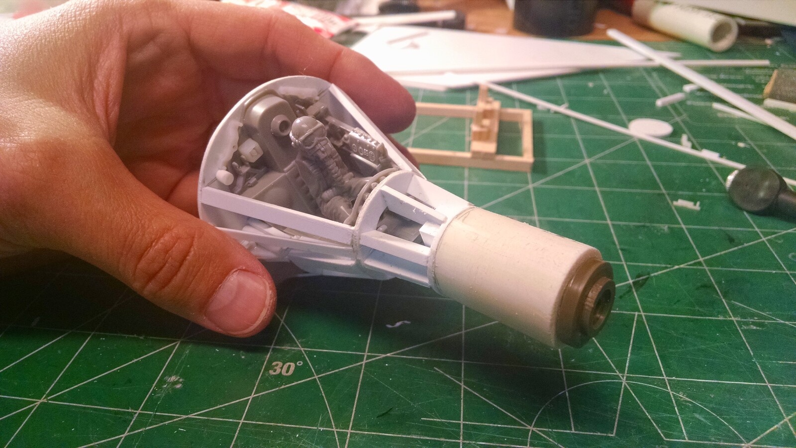 More details added to cockpit and my hand for size comparison. Pilot and some details taken from Revell Bell X-1 kit.