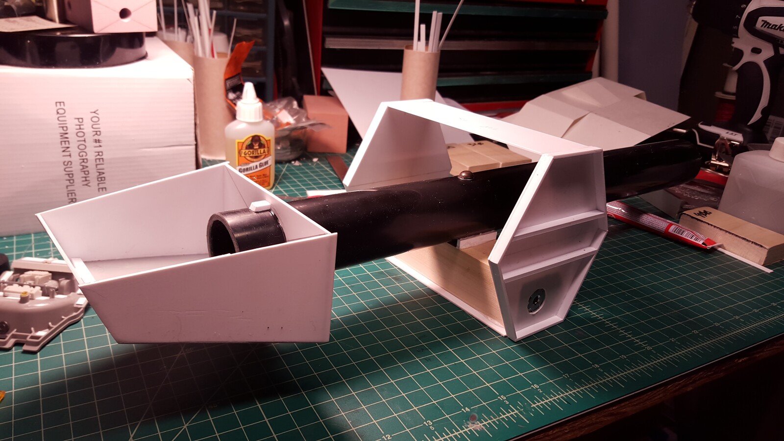 Boxing the body and scanner section around the PVC pipe engine.