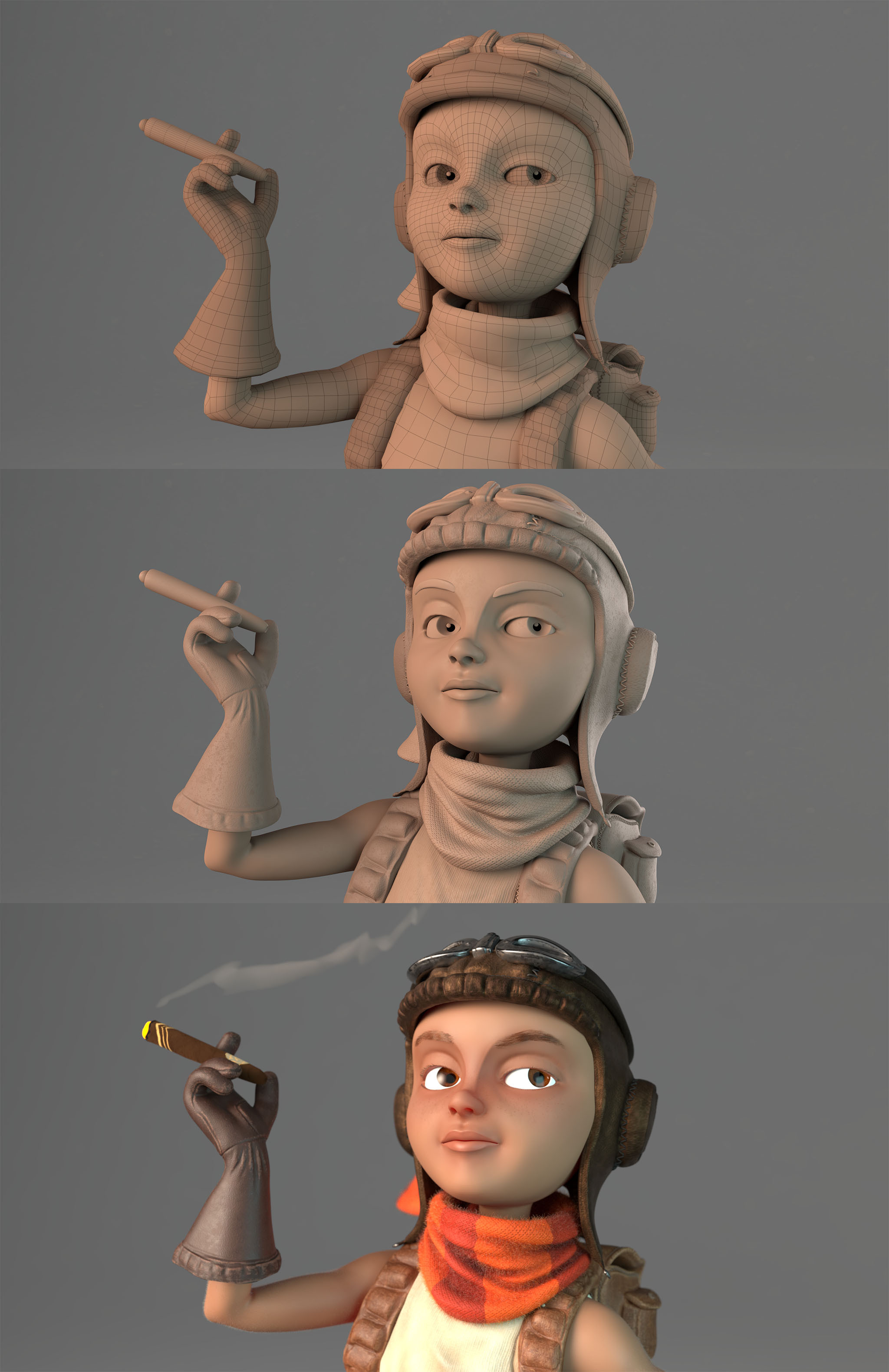 Comparison of the final renders for the face of a wireframe, clay shader, and final textured pass.