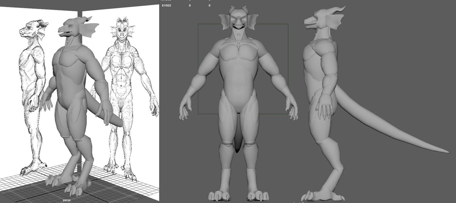 Once I had a sketch to base the blocking off of, I blocked the body out using polygon primitives in Maya.  I then brought the meshes into Zbrush to adjust the shape further before dynameshing the character.