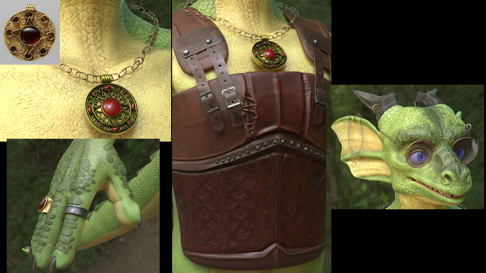 The next step was to focus on the accessories and materials of his armor to make them feel right.  The necklace was based on a reference I found when researching medieval jewelry (pictured).