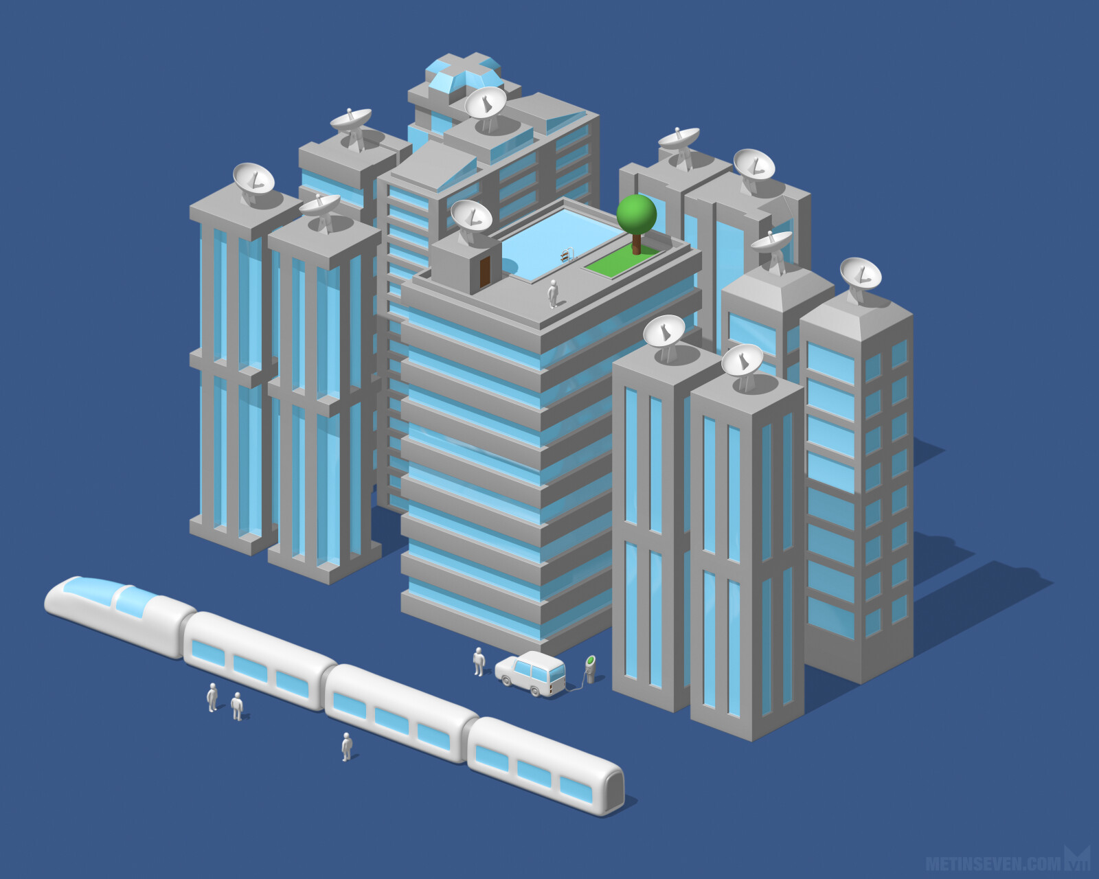 Stylized isometric illustration of a futuristic city
