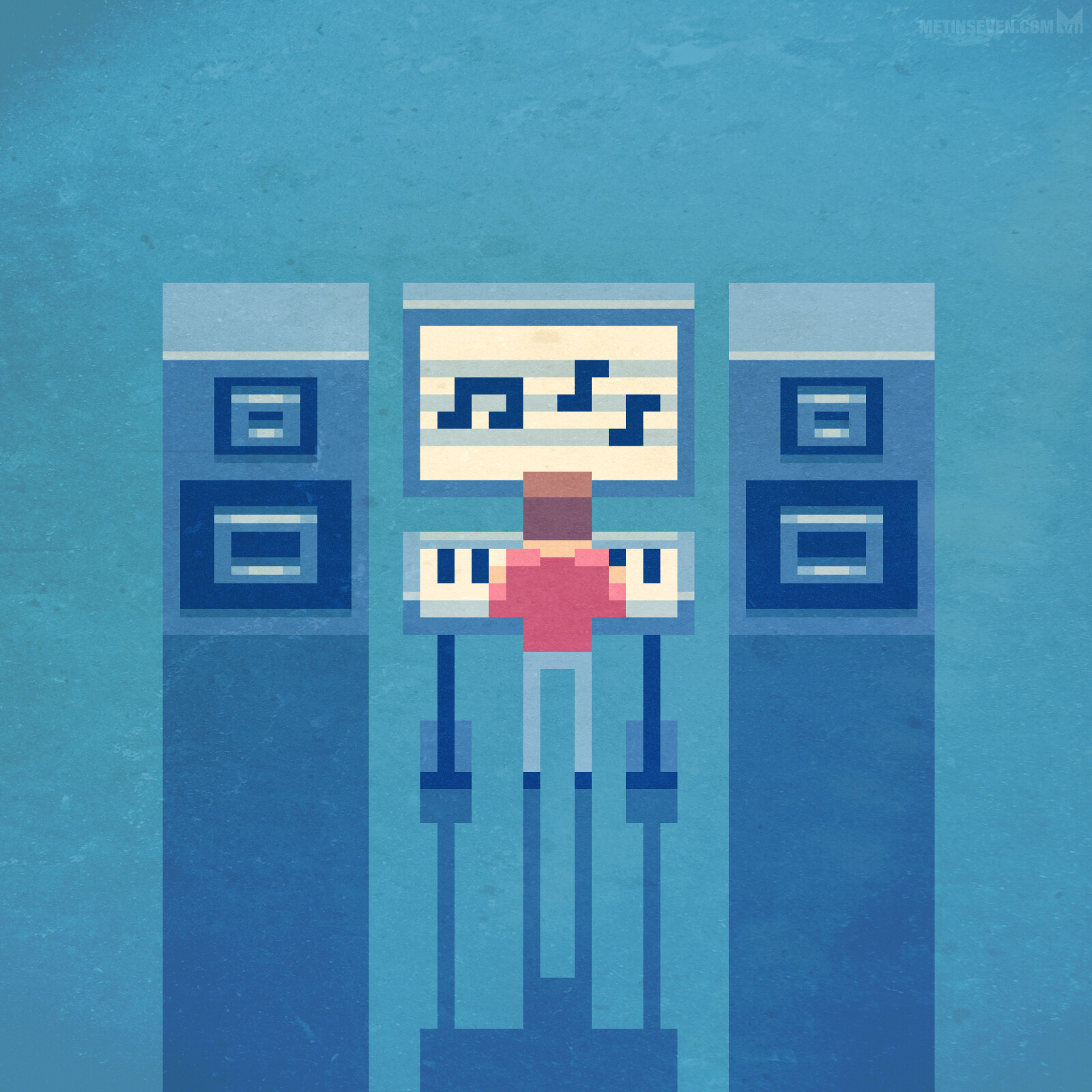 Electronic musician, orthographic top-view pixel artwork