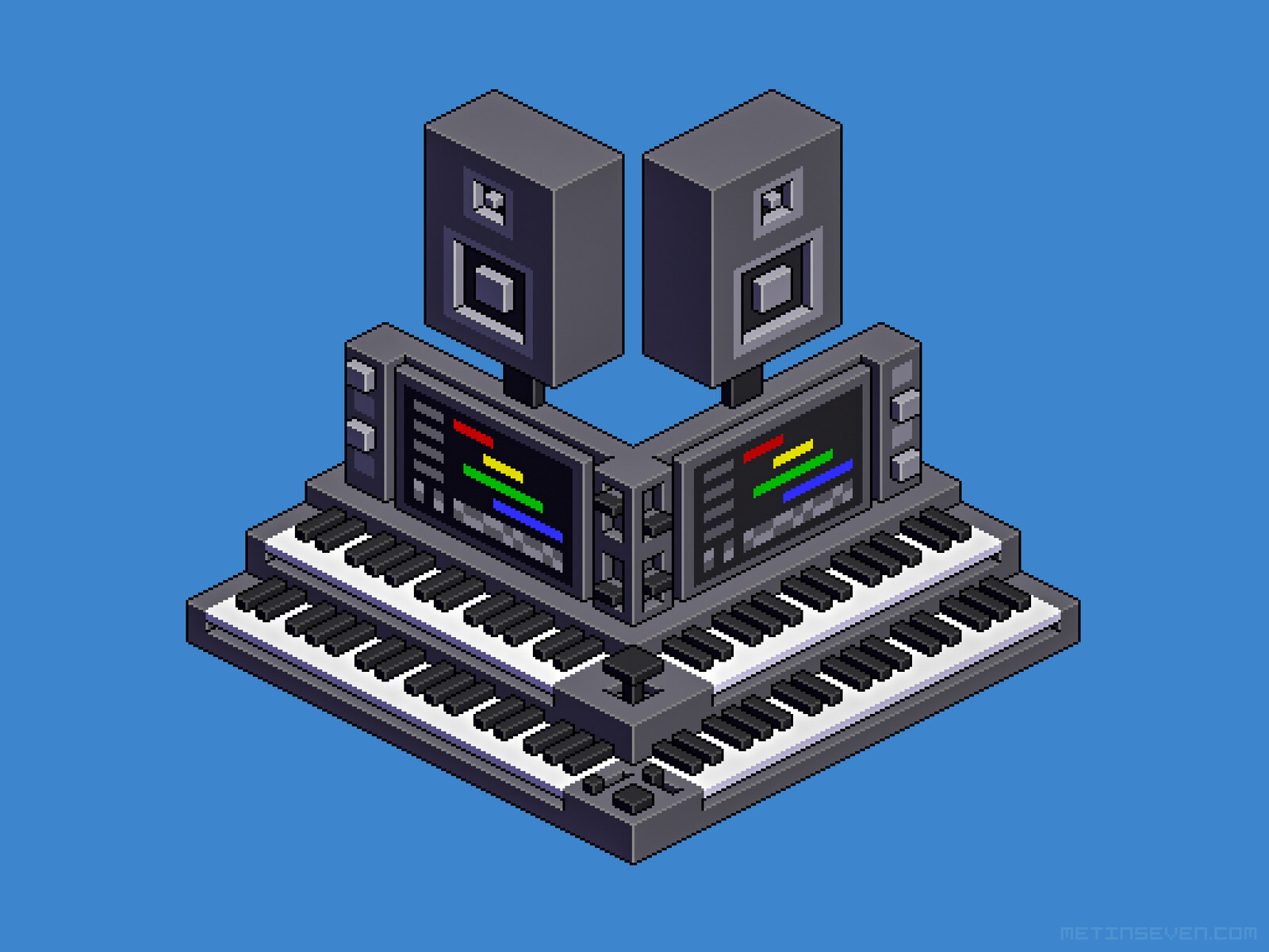 Isometric pixel art of an imaginary electronic music rig
