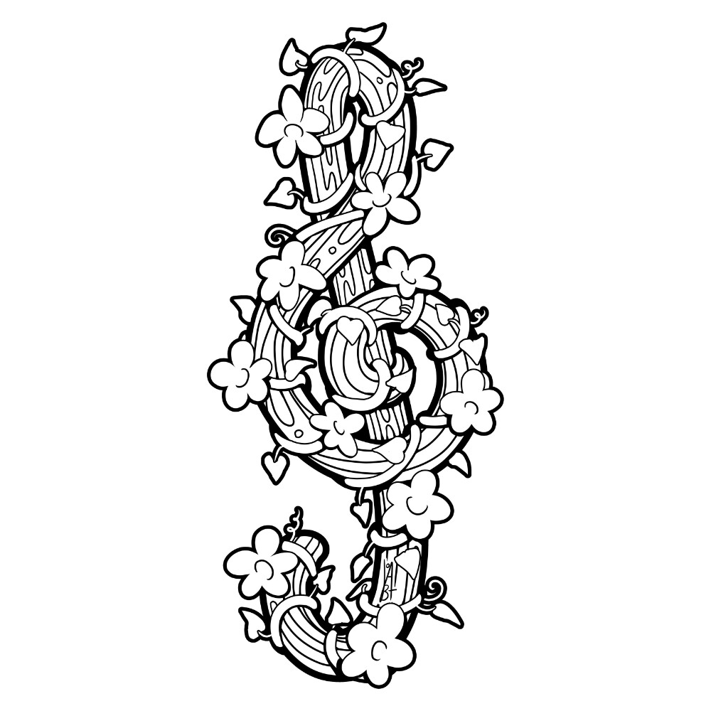 A clef covered in vines and flowers.
