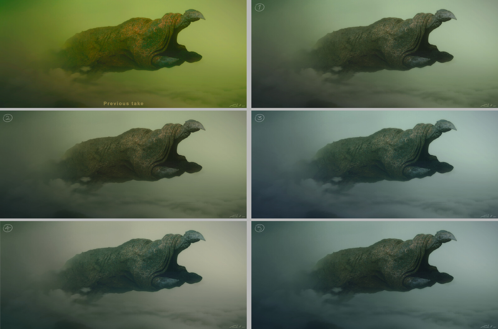 Color and saturation variations for the fog world. The monster's color and textures had to be dialed depending on the color scheme of the environment.