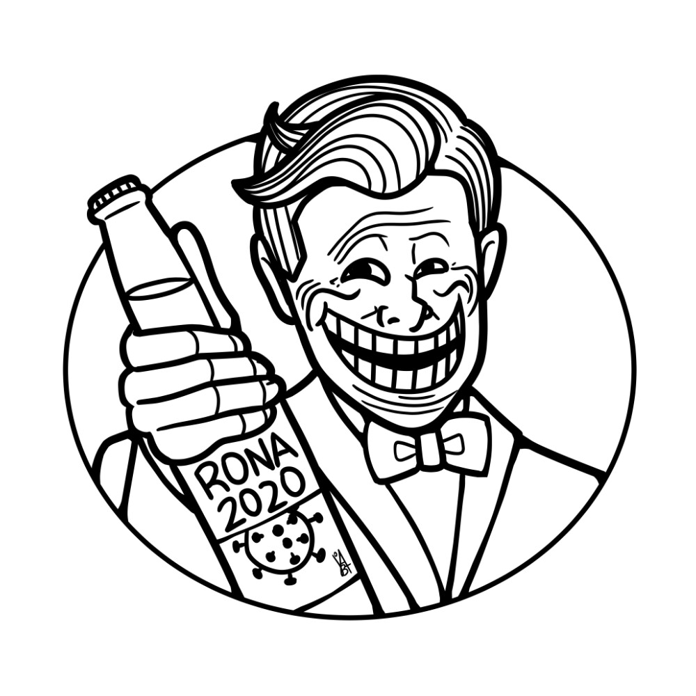 Man with a troll face holding a corona beer with '2020' written on it.