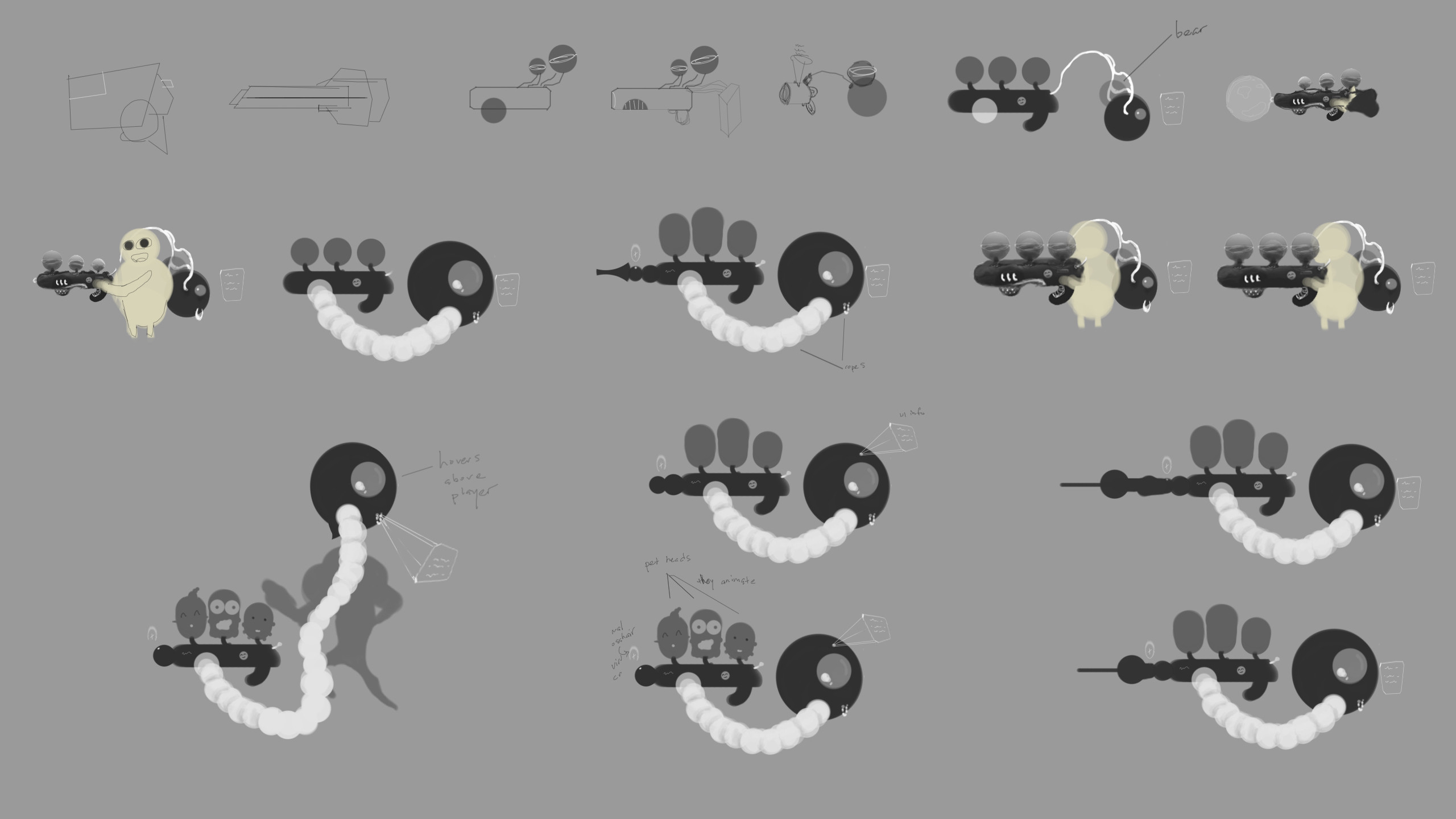 gun shape exploration in 2d.  These seemed ok, but they didn't really work well with what I had of the character already