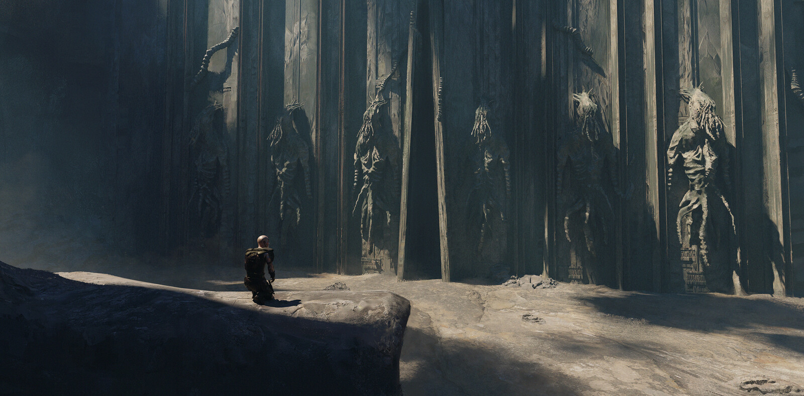 
Until he found a massive Temple, with giant statues outside. 