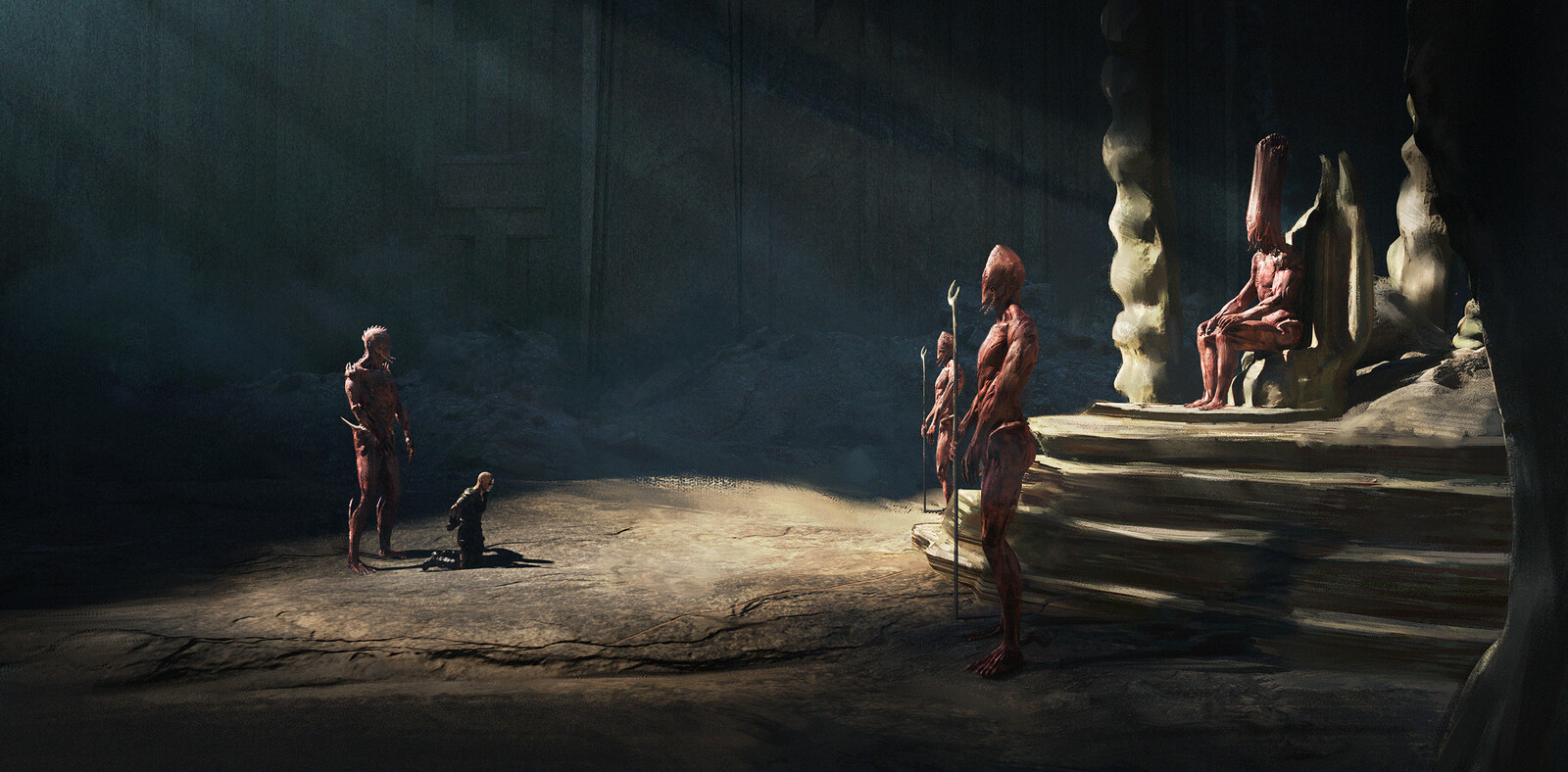But he discovered  a civilization of indigenous, called "Bazabeth". 

So, he was chained and put in front of their Queen, "Khjizen", who said to the slaves to take him into the "Lair of the Beast".