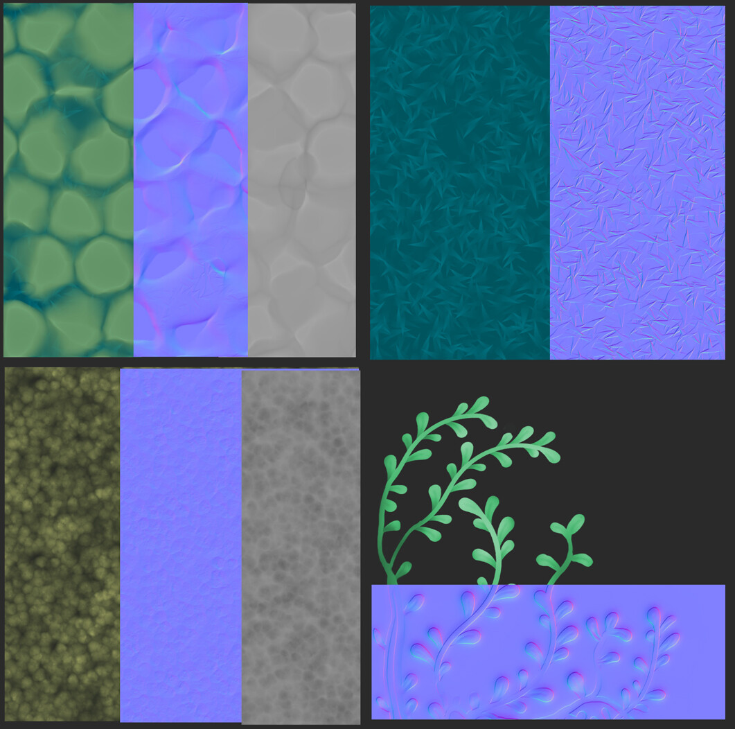 Some additional textures for a faded path, moss, and vines. I used decals and vertex painting to add them in. 