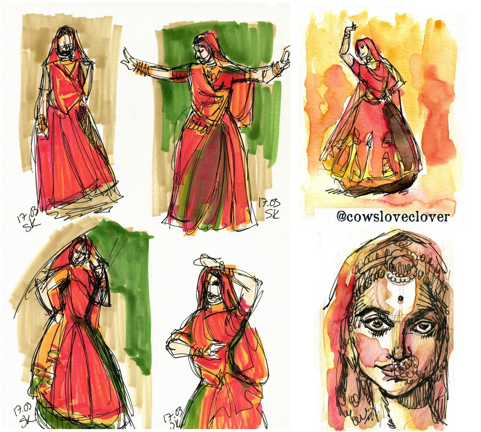 Quick marker sketches to get the rhythm and a face study.