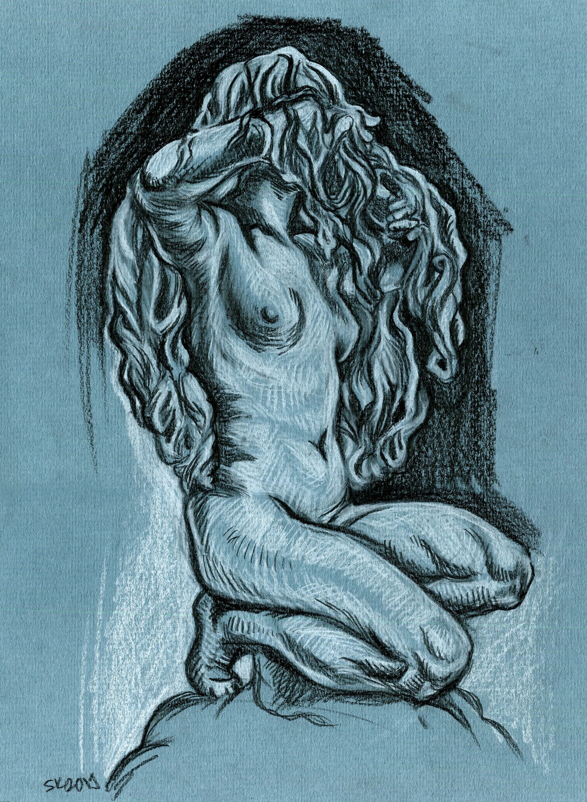 Aurora statue study, pencils on paper, 2019, photo ref my own.