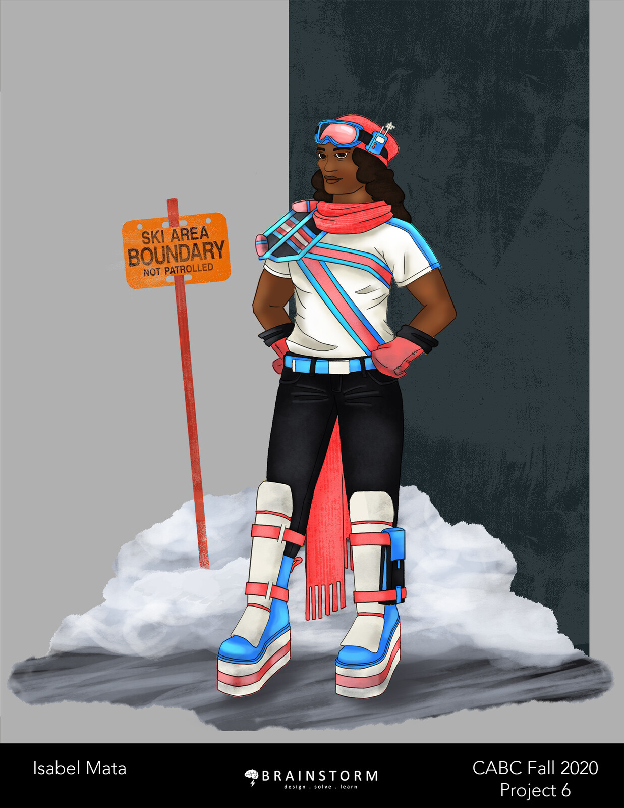 The final product is a character outfitted to work ski patrol. 