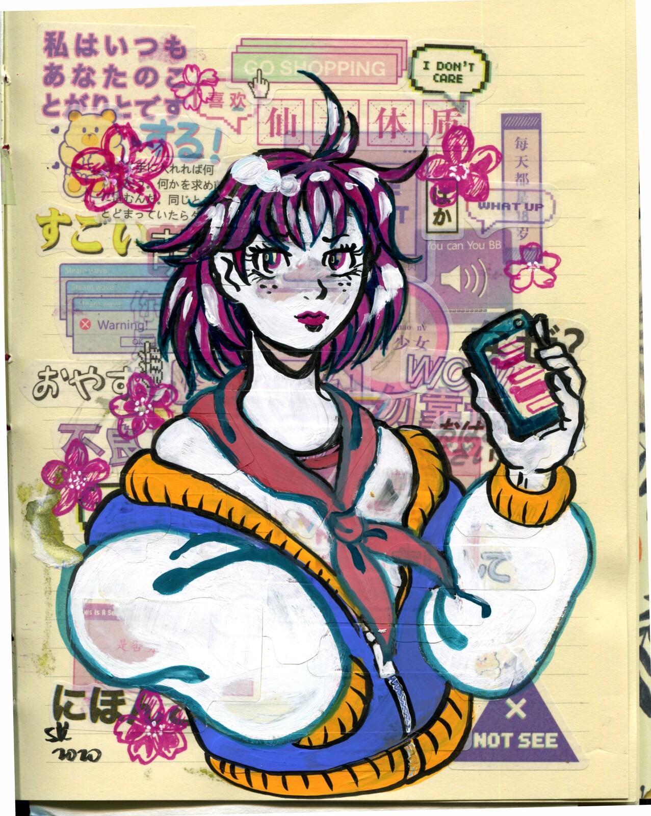 Collage in my 2020-2021 art journal, washi paper, paint pans, ink, gouache.