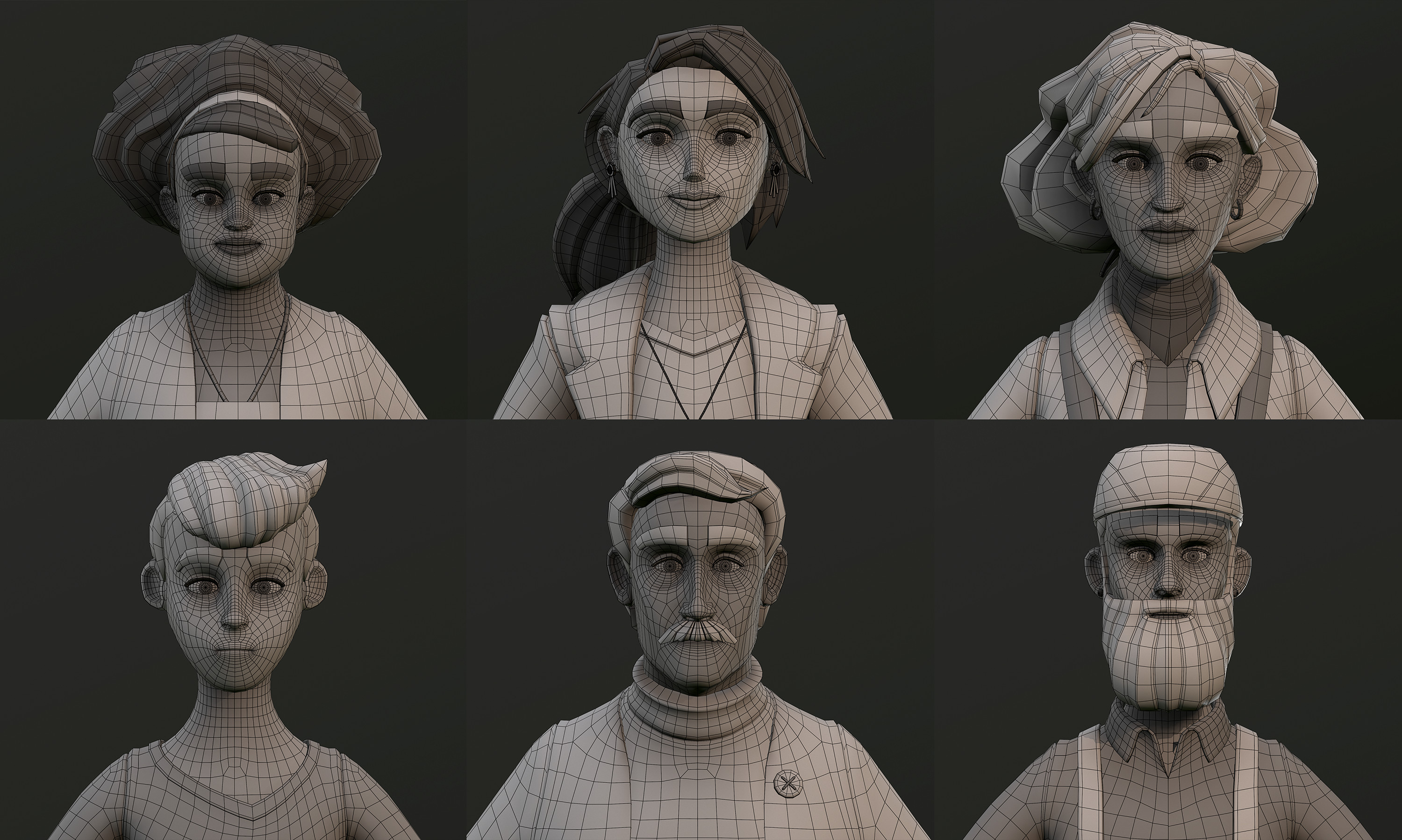 Wireframe of character heads.