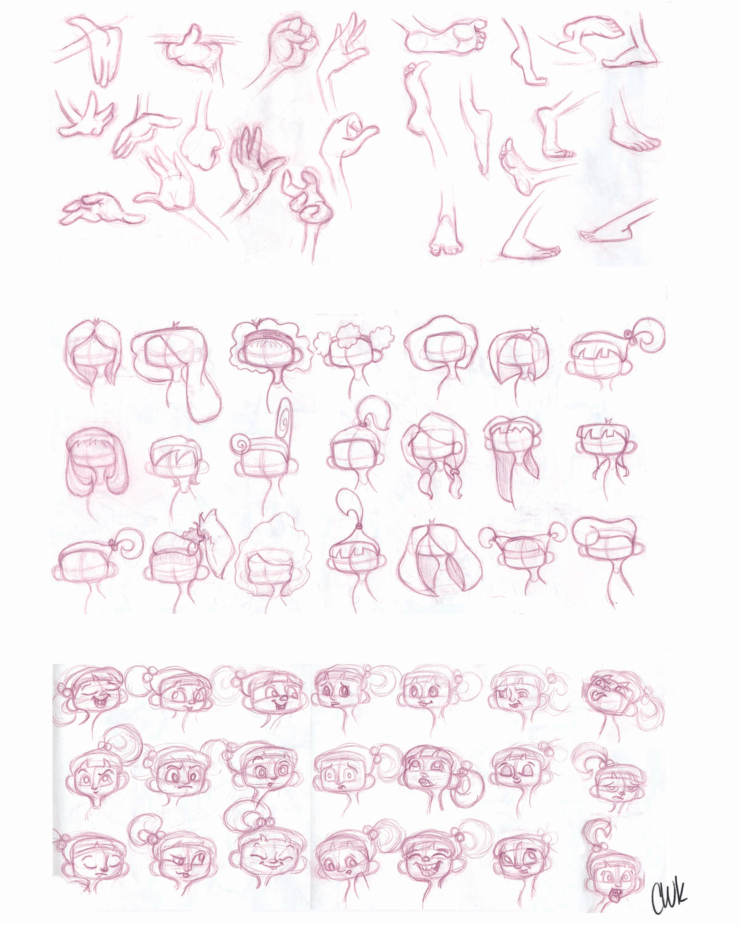 Initial concept sketches of hands/feet, hair styles, and expressions.