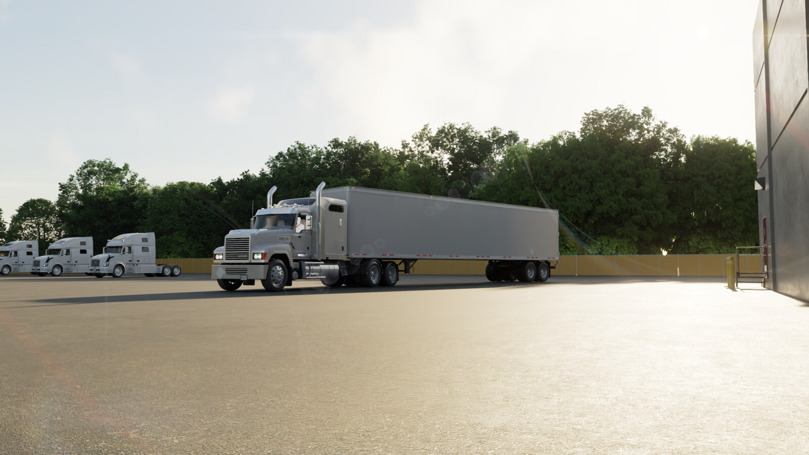 Beauty shot of a truck lot for marketing materials. Worked on textures, lighting, and some environment components