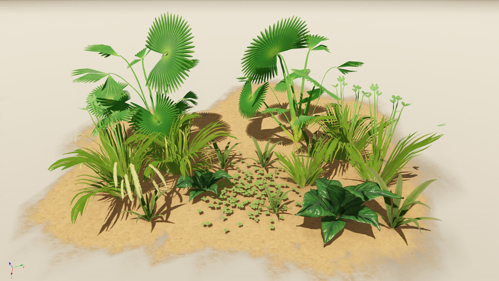 all of the foliages are rendered from highpolys except the fan palm. for it I used Substance designer