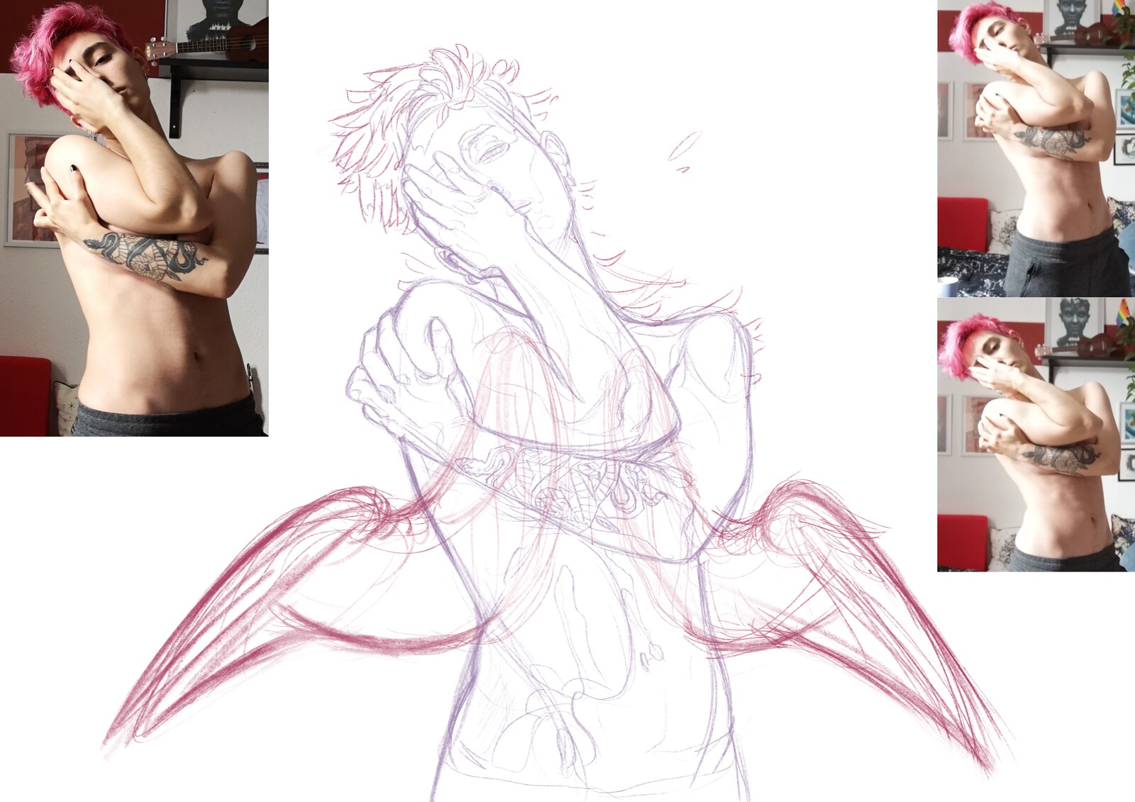 Sketch and reference images used for the final piece.