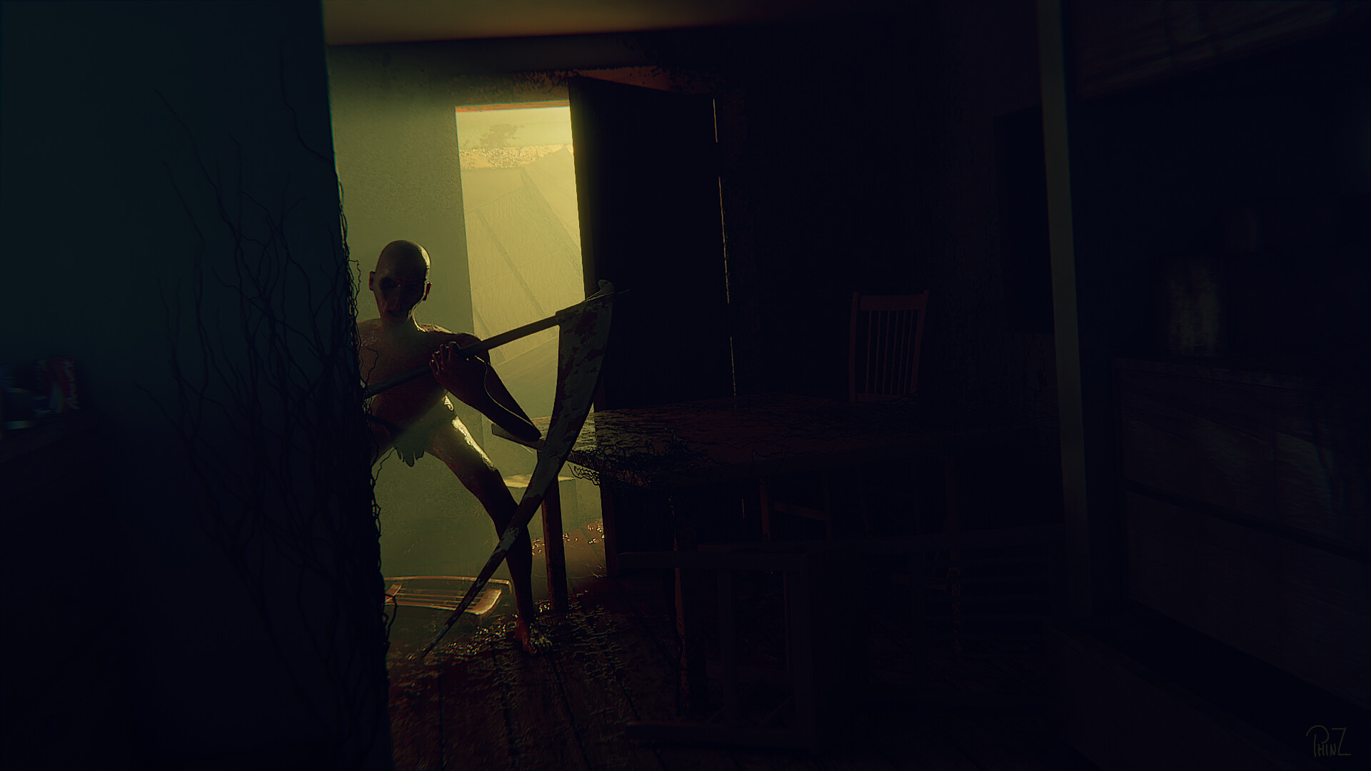 A 3D render of a naked monster holding a scythe, backlit by a singular bathroom light.