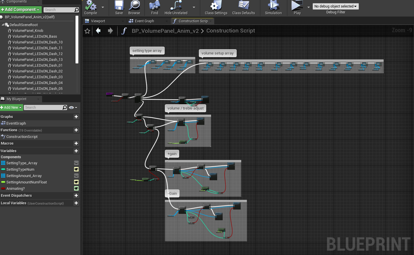 Full Blueprint - The blueprint begins by adding each LED to an array, then toggling them on and off depending on the selected setting and its value.