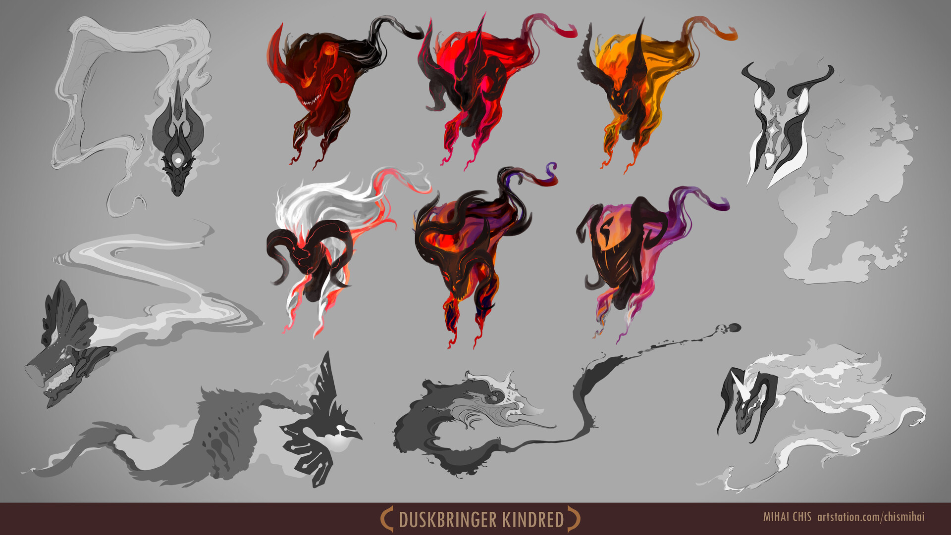 I started the project with some sketches of wolf, trying to make him into different animals, like a peacock, horse, dragon, bull, just exploring what ideas I had in mind as a start. The coloured ones were first explorations for chaos lamb.
