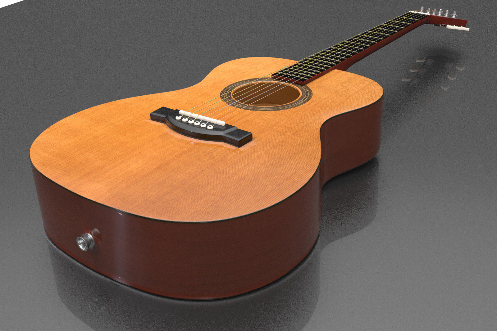Acoustic Dreadnought modeled in Modo - this is an in-modo render. I converted this model to a native ArchiCAD object, with appropriate vectorial cleanups and the ability for the materials to be easily tweaked in use.