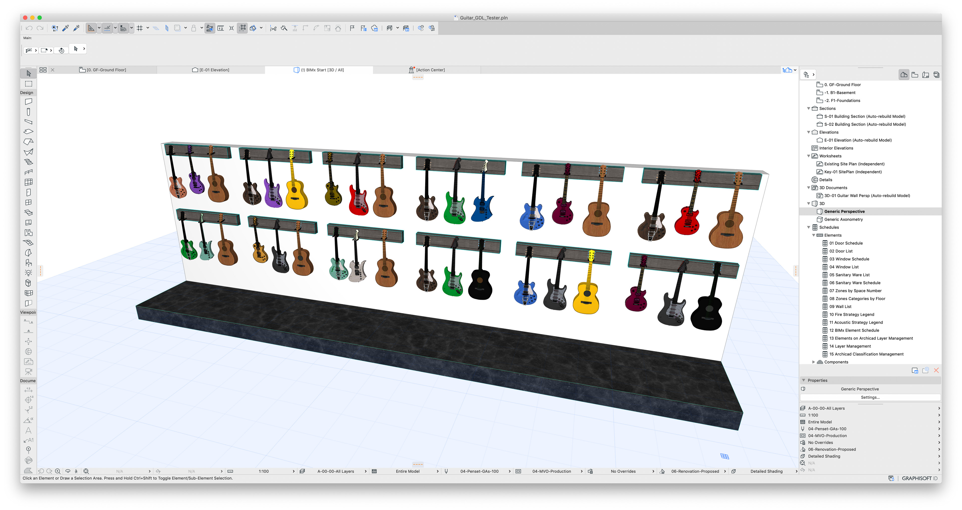 Here is the in ArchiCAD perspective view of a wall of these converted guitars hung.