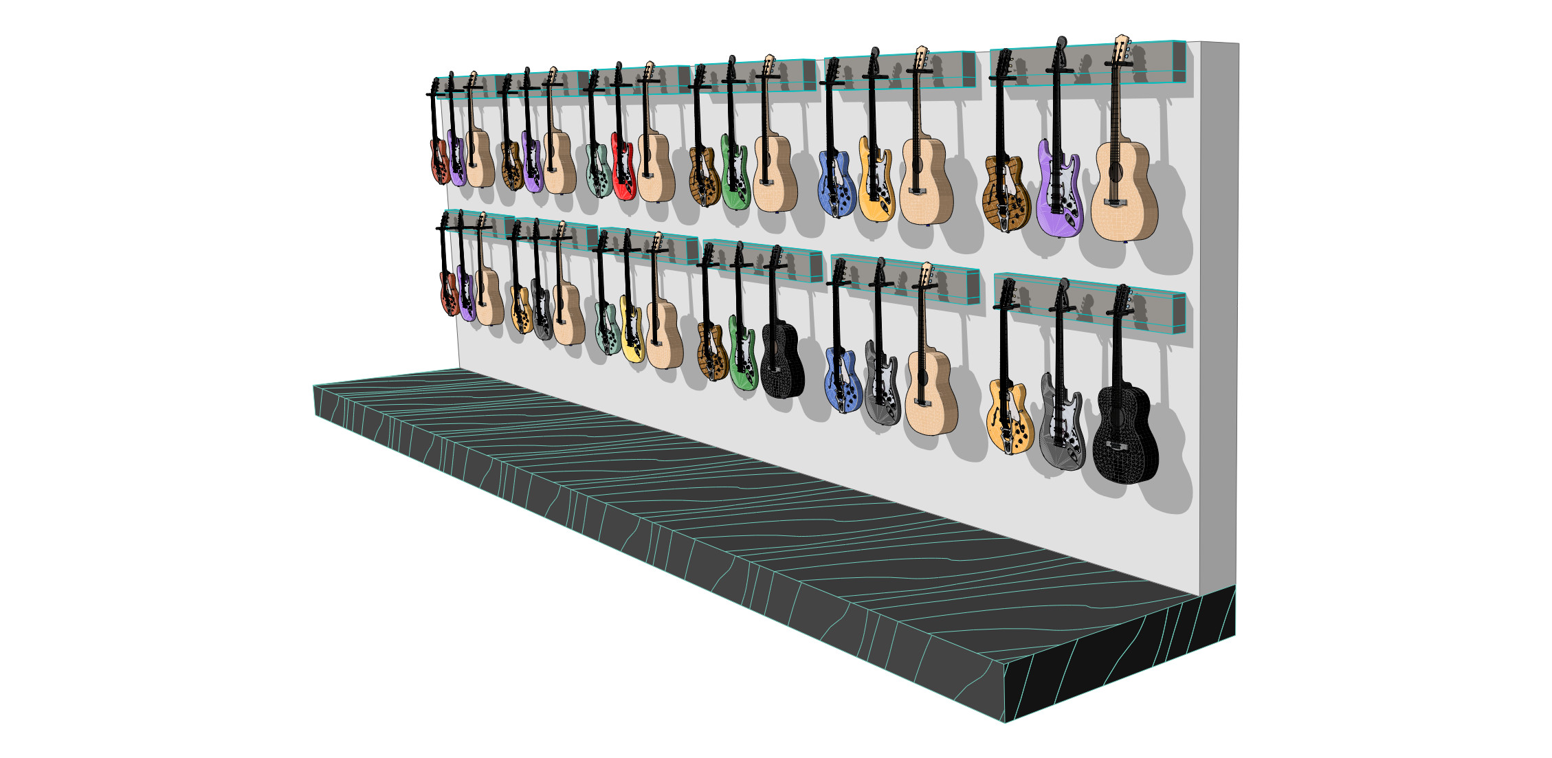 Here is a vectorial PDF exported perspective view of a wall of these converted guitars hung.