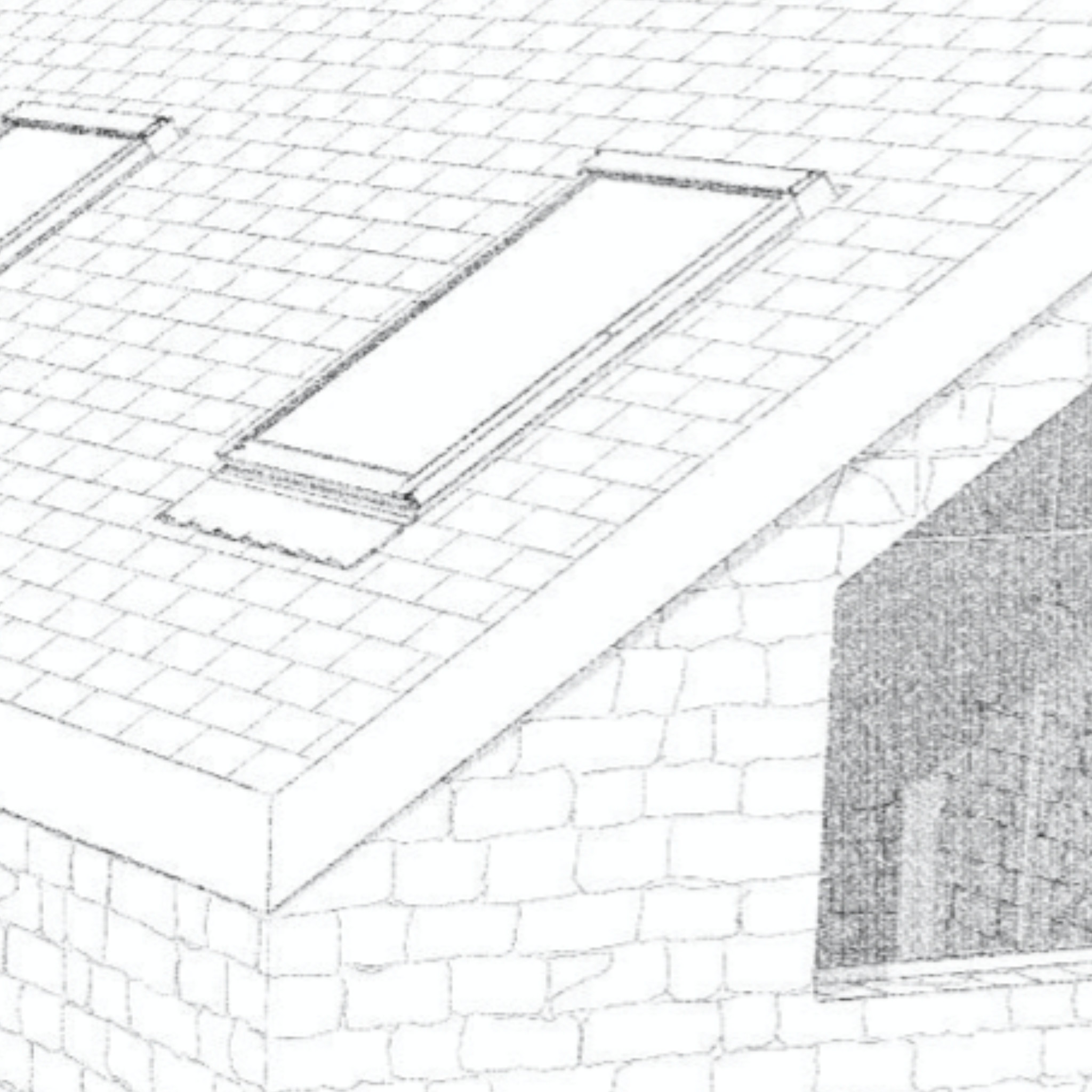 Newly developed JGA Guernsey granite material vectorial hatch (developed natively in ArchiCAD) drives display in elevation and section views - and also sketch rendered perspectives